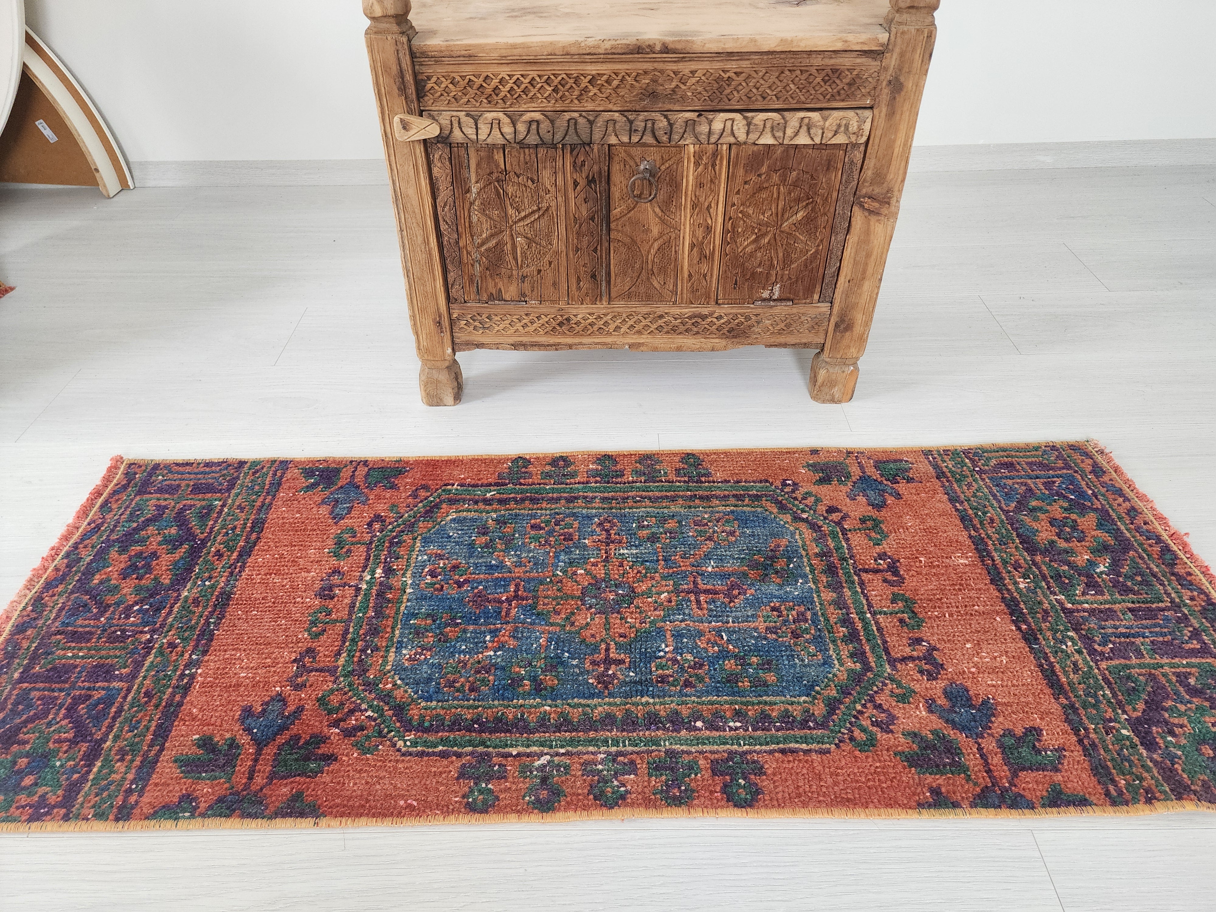 Small Turkish Rug, 4 ft 4 in x 1 ft 7 in, Apricot Orange and Teal Green / Grey Vintage Faded Distressed Door Mat