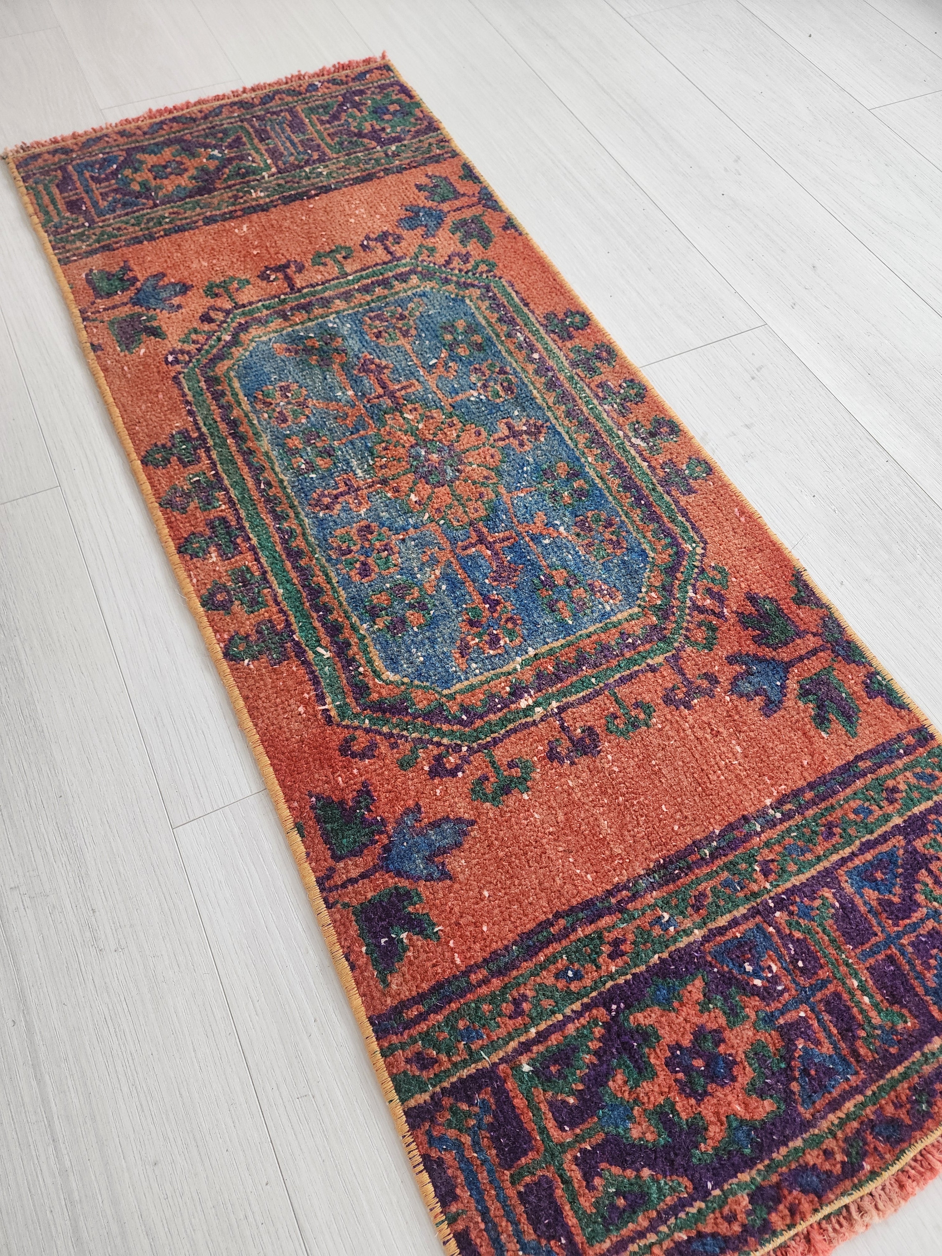 Small Turkish Rug, 4 ft 4 in x 1 ft 7 in, Apricot Orange and Teal Green / Grey Vintage Faded Distressed Door Mat