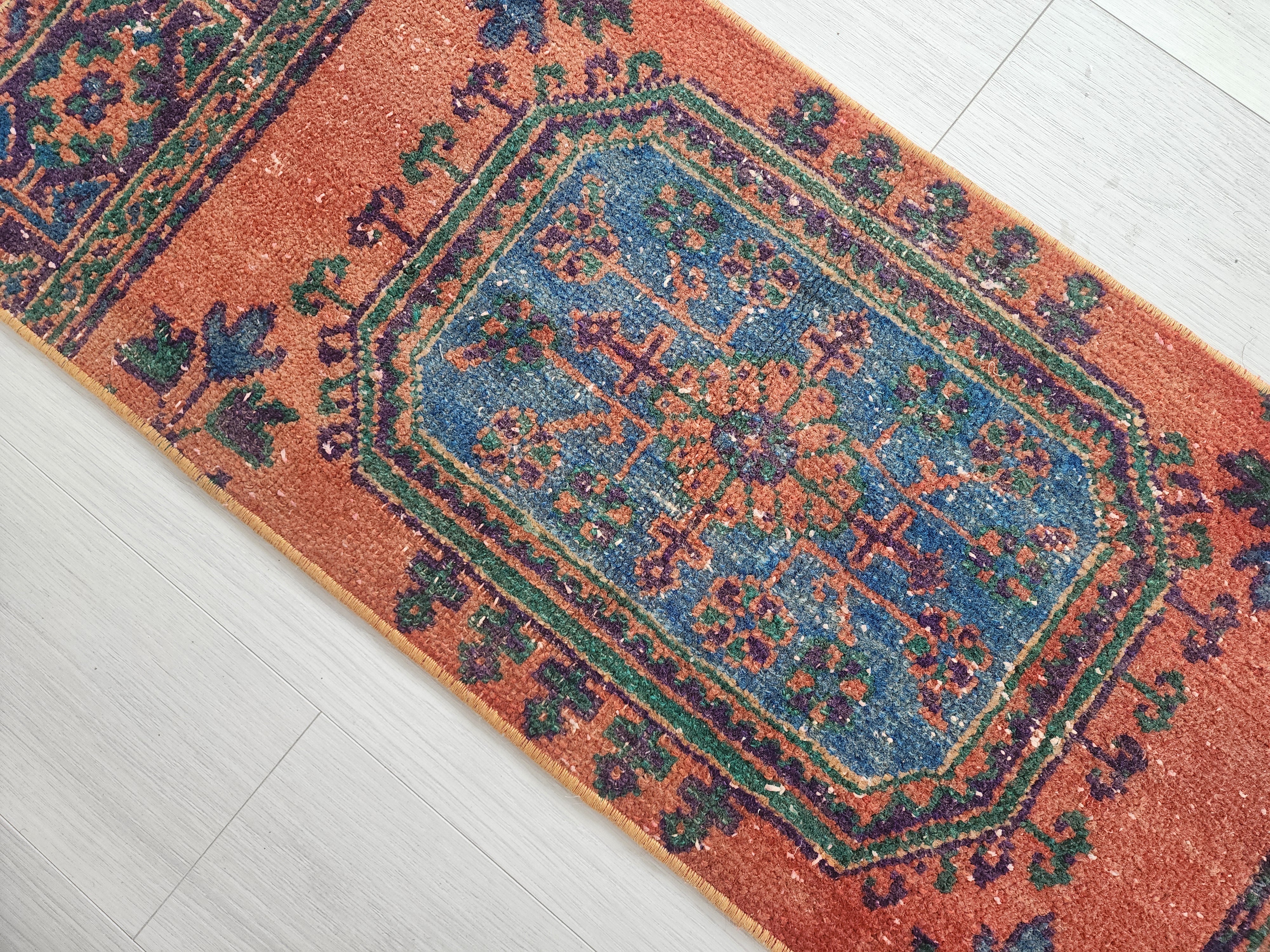 Small Turkish Rug, 4 ft 4 in x 1 ft 7 in, Apricot Orange and Teal Green / Grey Vintage Faded Distressed Door Mat