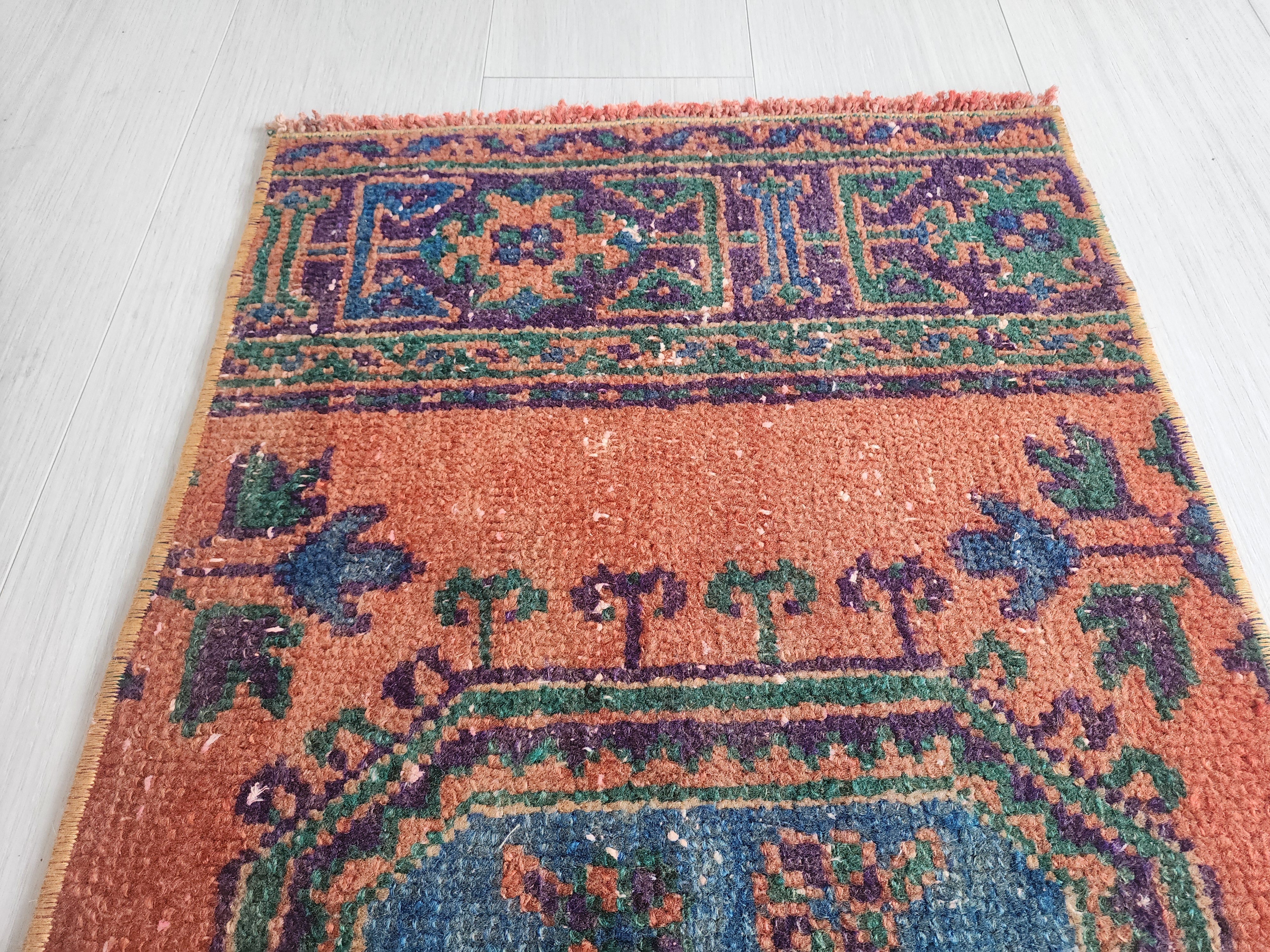 Small Turkish Rug, 4 ft 4 in x 1 ft 7 in, Apricot Orange and Teal Green / Grey Vintage Faded Distressed Door Mat