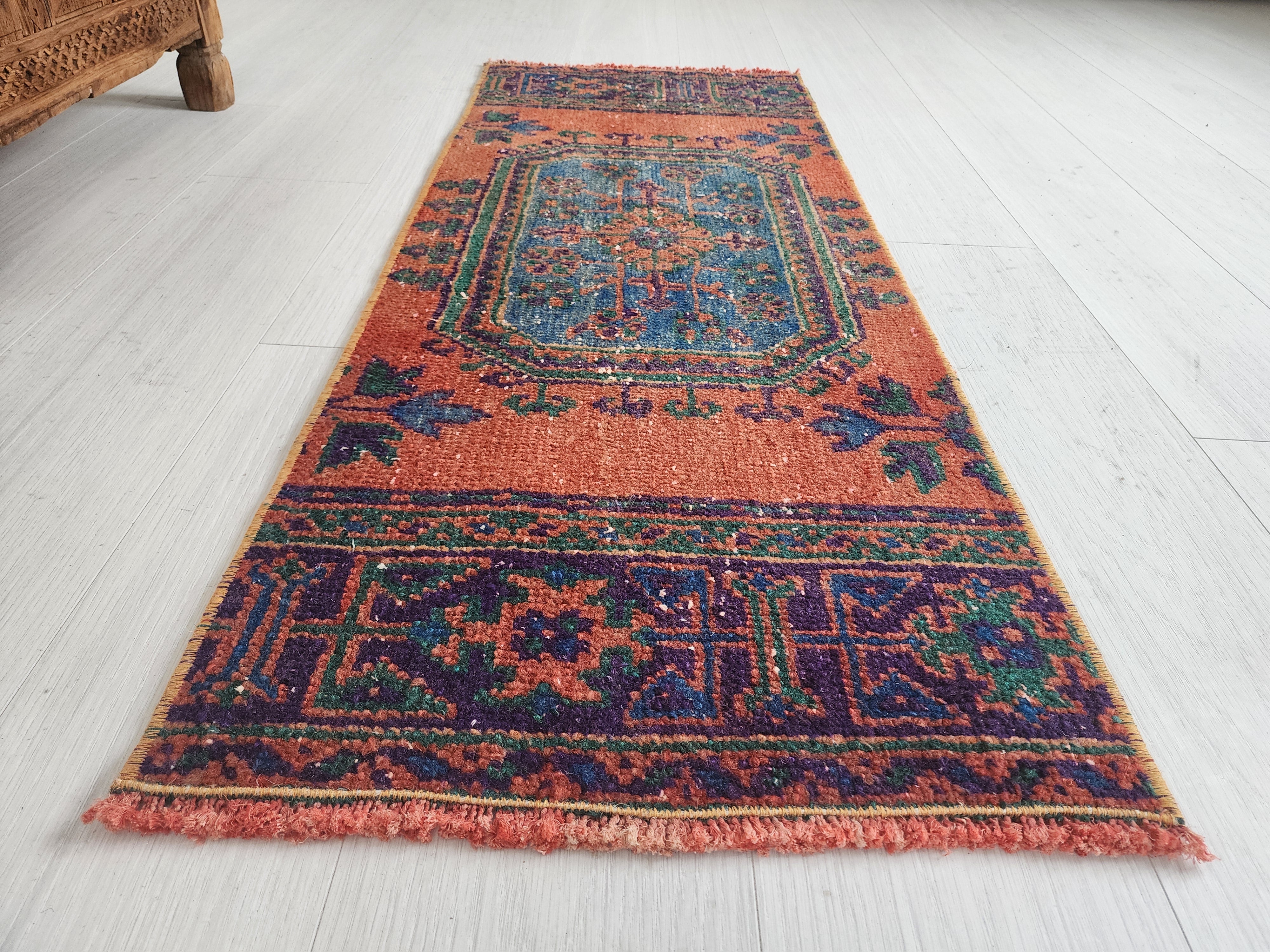 Small Turkish Rug, 4 ft 4 in x 1 ft 7 in, Apricot Orange and Teal Green / Grey Vintage Faded Distressed Door Mat