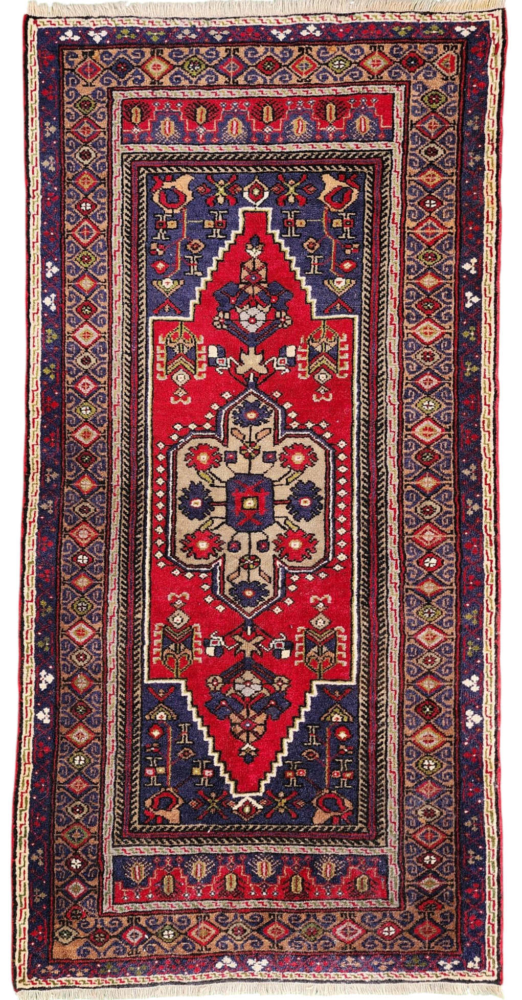 Vintage Turkish Rug, 6 ft 2 in x 3 ft 3 in Red Blue and Brown Persian Rug Handmade from Natural Wool
