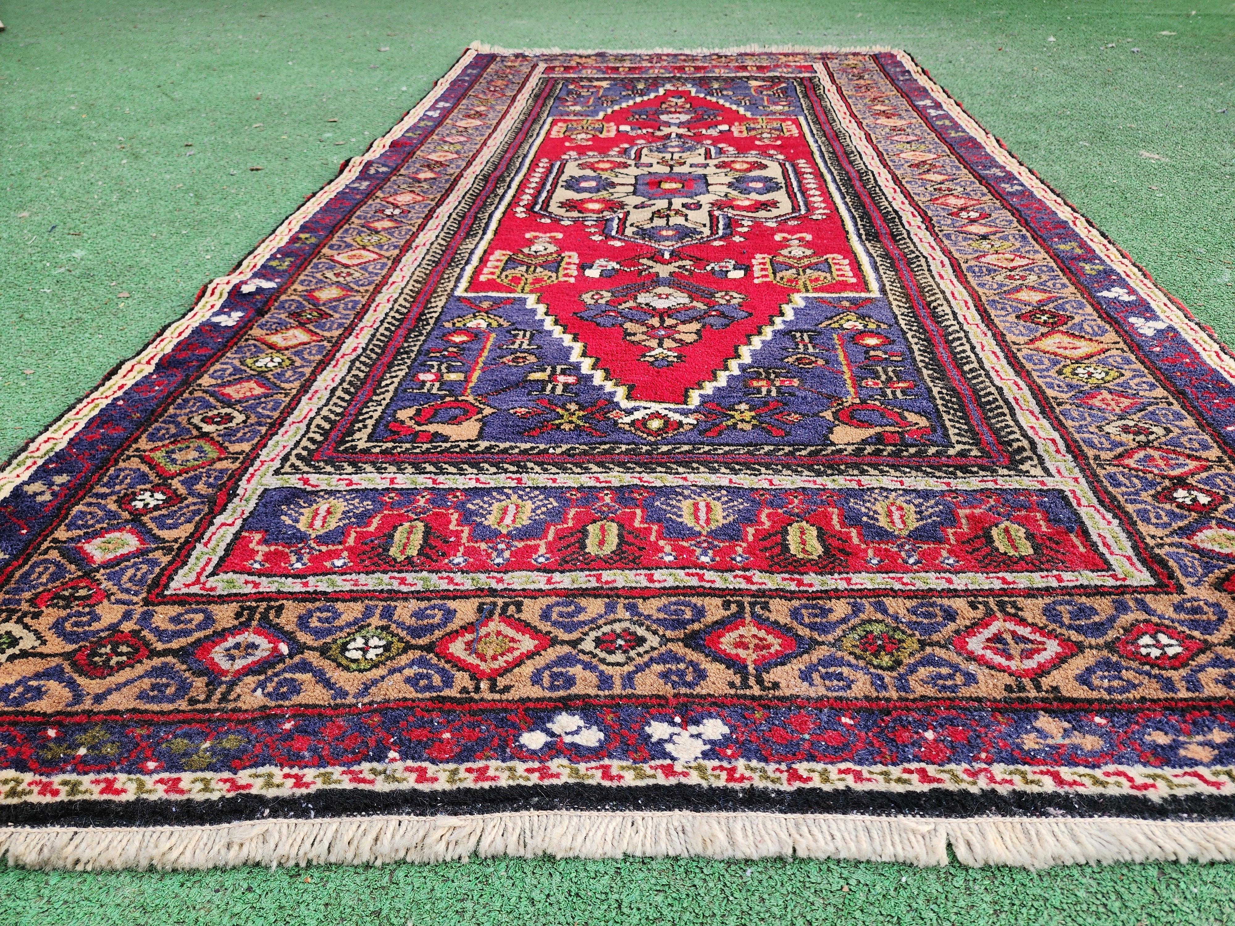 Vintage Turkish Rug, 6 ft 2 in x 3 ft 3 in Red Blue and Brown Persian Rug Handmade from Natural Wool