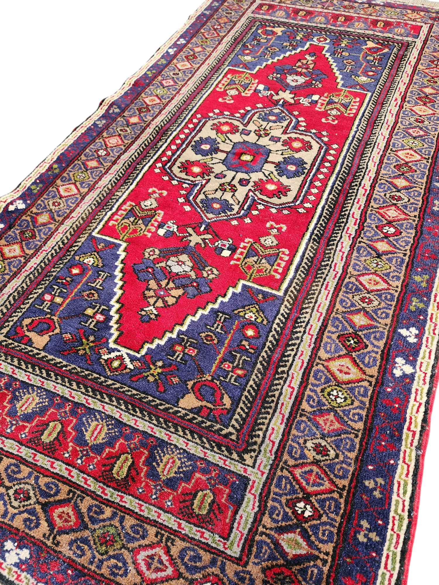 Vintage Turkish Rug, 6 ft 2 in x 3 ft 3 in Red Blue and Brown Persian Rug Handmade from Natural Wool