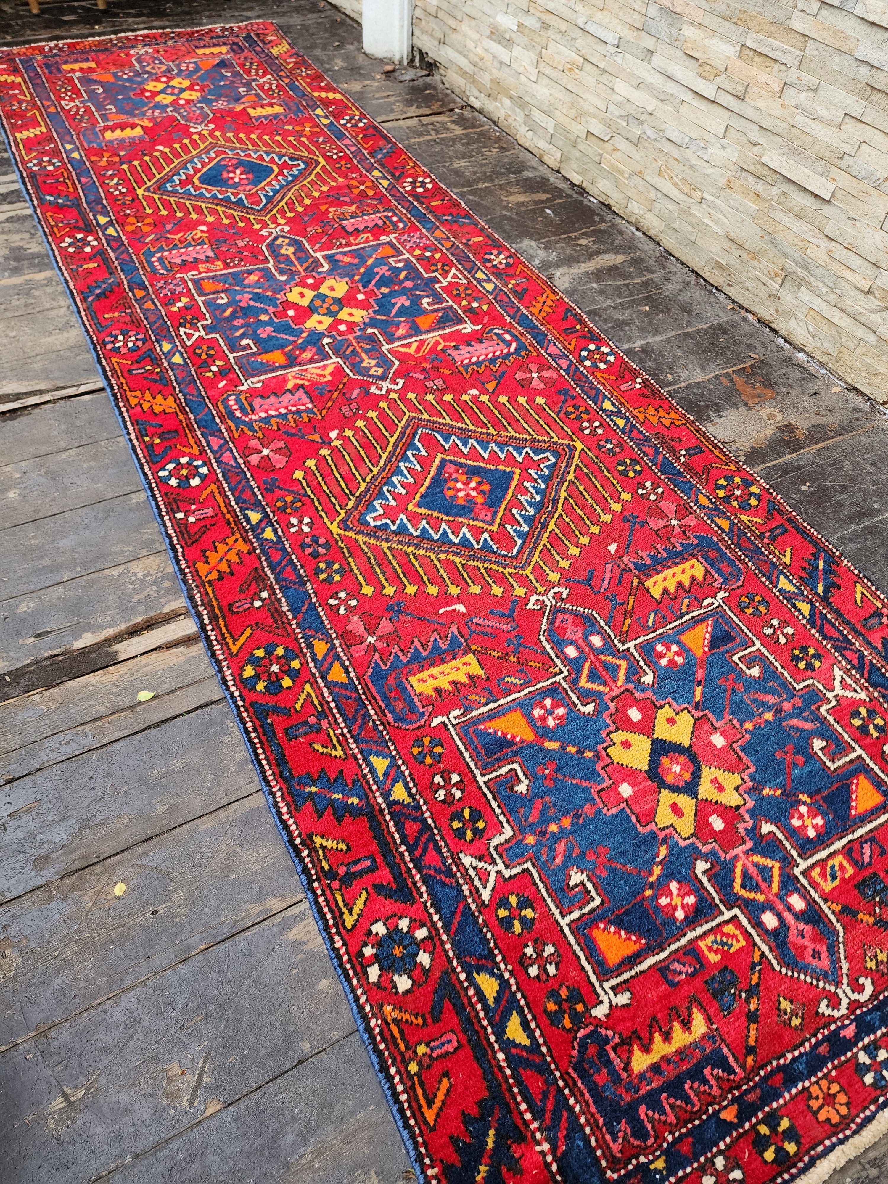 Vintage Red and Blue Persian Runner Rug, ''3''x 10'6''