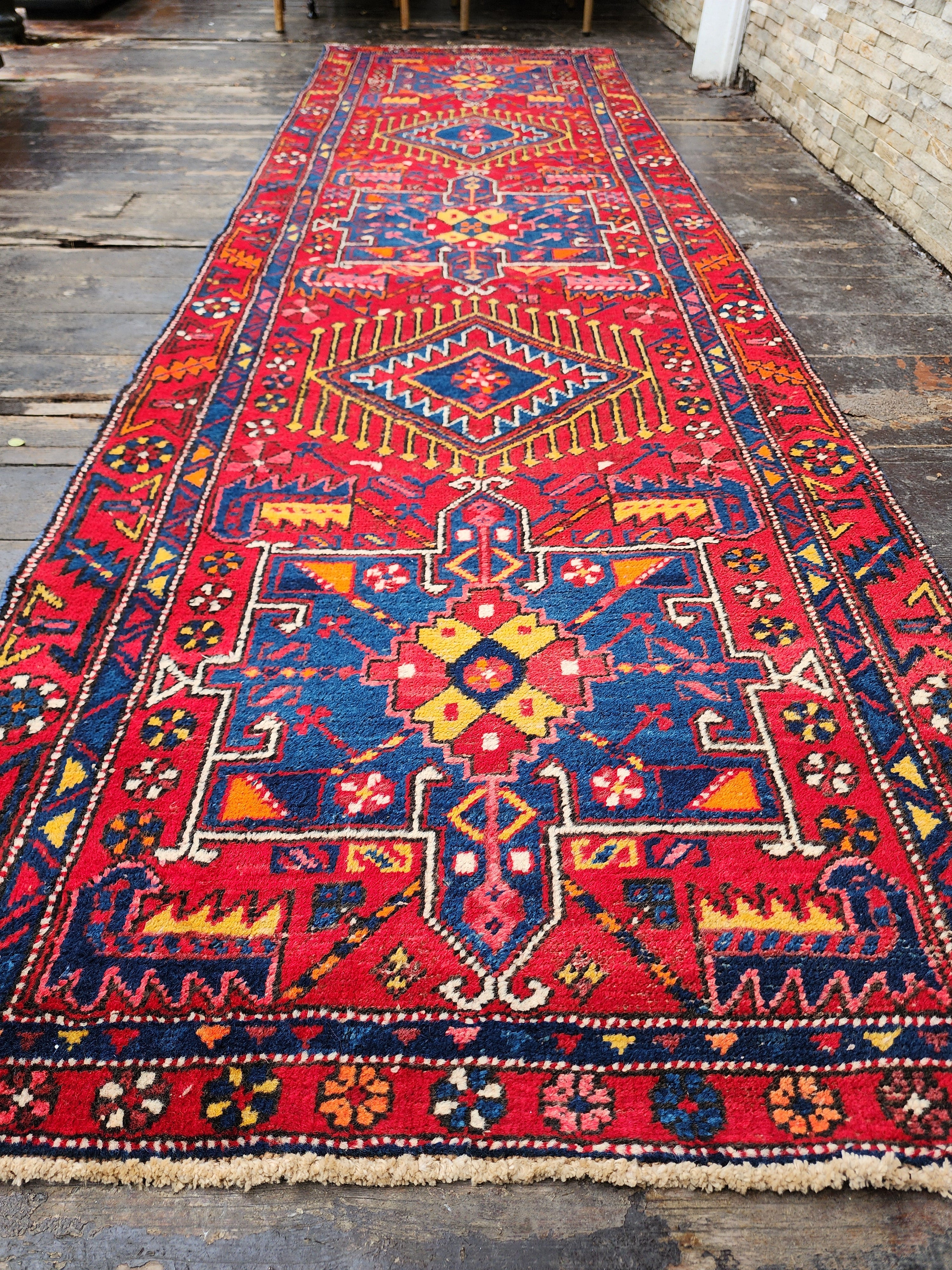 Vintage Red and Blue Persian Runner Rug, ''3''x 10'6''