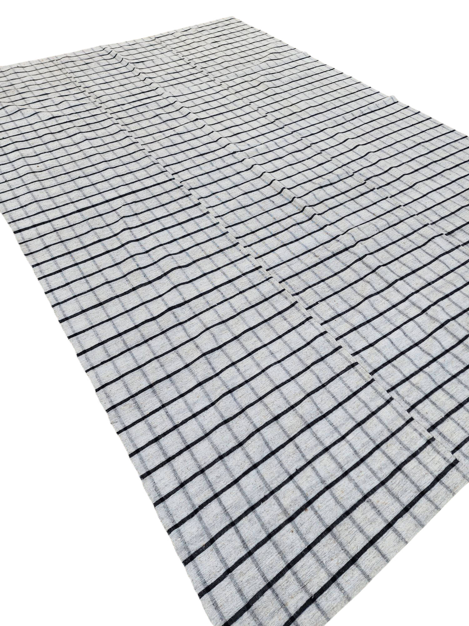 Flat-woven Kilim rug with a grid pattern in white and black, 6'4''x9'4''