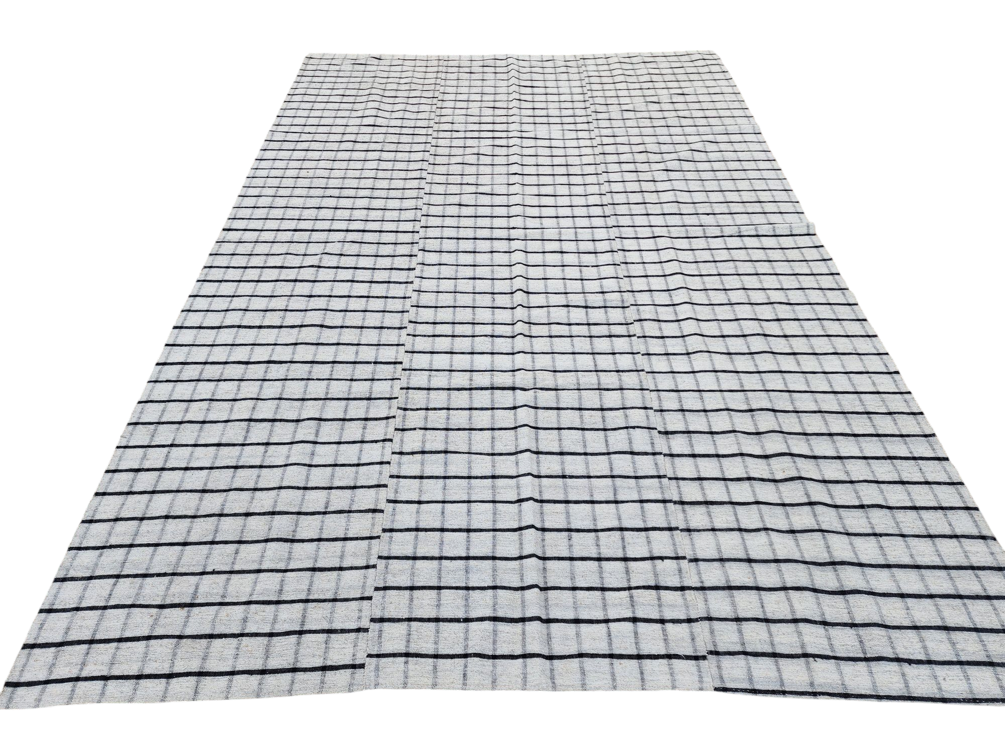 Flat-woven Kilim rug with a grid pattern in white and black, 6'4''x9'4''