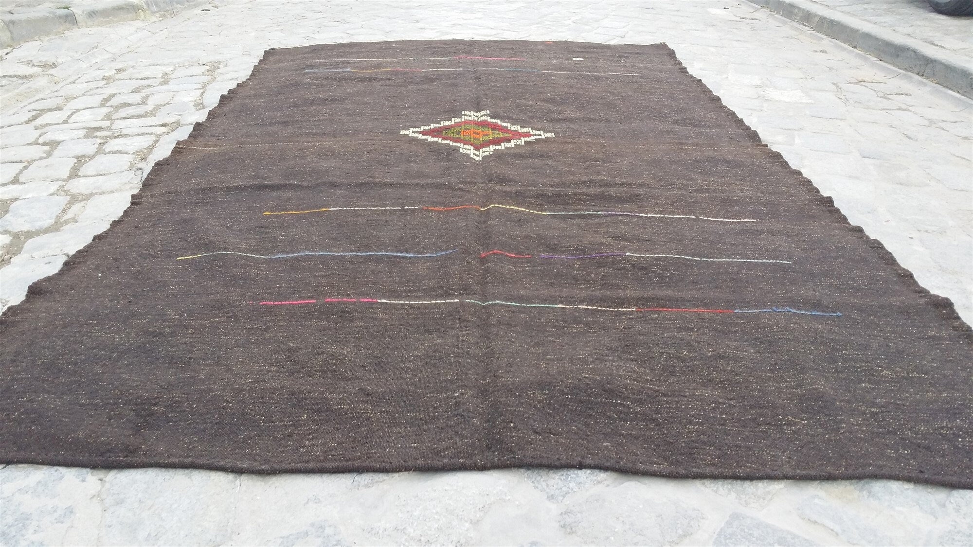 Konya Turkish Kilim Rug ,10 x 5 ft Black Beige Cicim Embroidered Minimalist Goat Hair Kilim, Handmade Boho Rustic Persian Area Rug