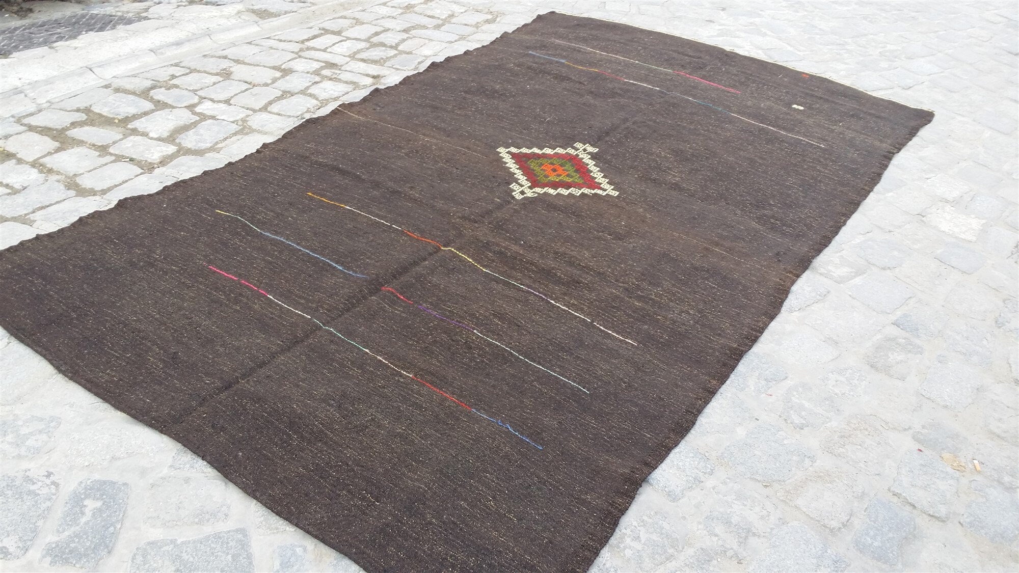 Konya Turkish Kilim Rug ,10 x 5 ft Black Beige Cicim Embroidered Minimalist Goat Hair Kilim, Handmade Boho Rustic Persian Area Rug