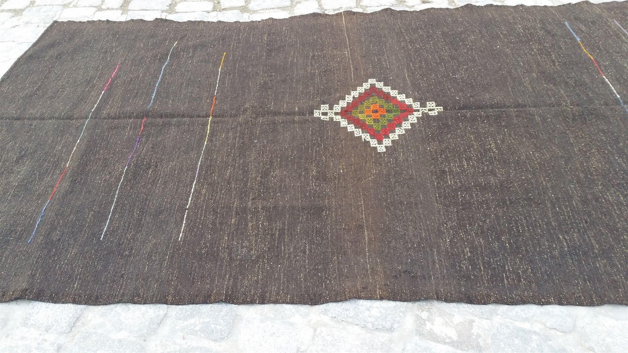 Konya Turkish Kilim Rug ,10 x 5 ft Black Beige Cicim Embroidered Minimalist Goat Hair Kilim, Handmade Boho Rustic Persian Area Rug