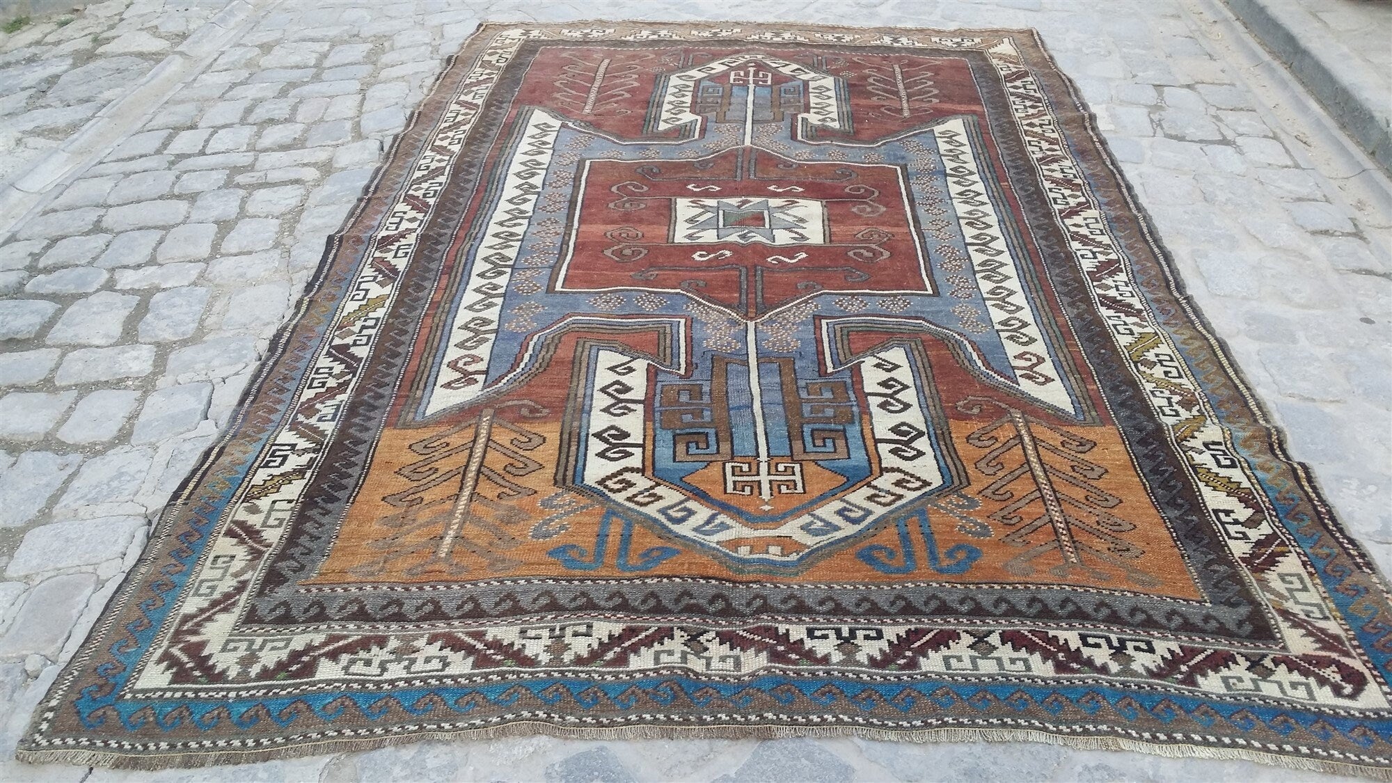 Brown Blue Vintage Rug, Traditional Tribal Nomadic Handwoven Kars Wool Rug, 10'5"x6'6"