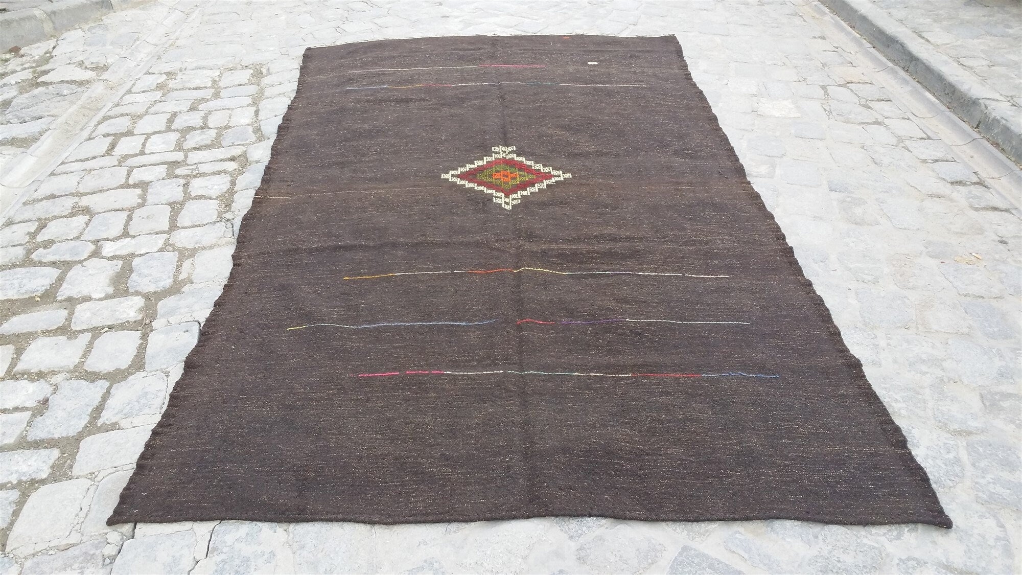 Konya Turkish Kilim Rug ,10 x 5 ft Black Beige Cicim Embroidered Minimalist Goat Hair Kilim, Handmade Boho Rustic Persian Area Rug