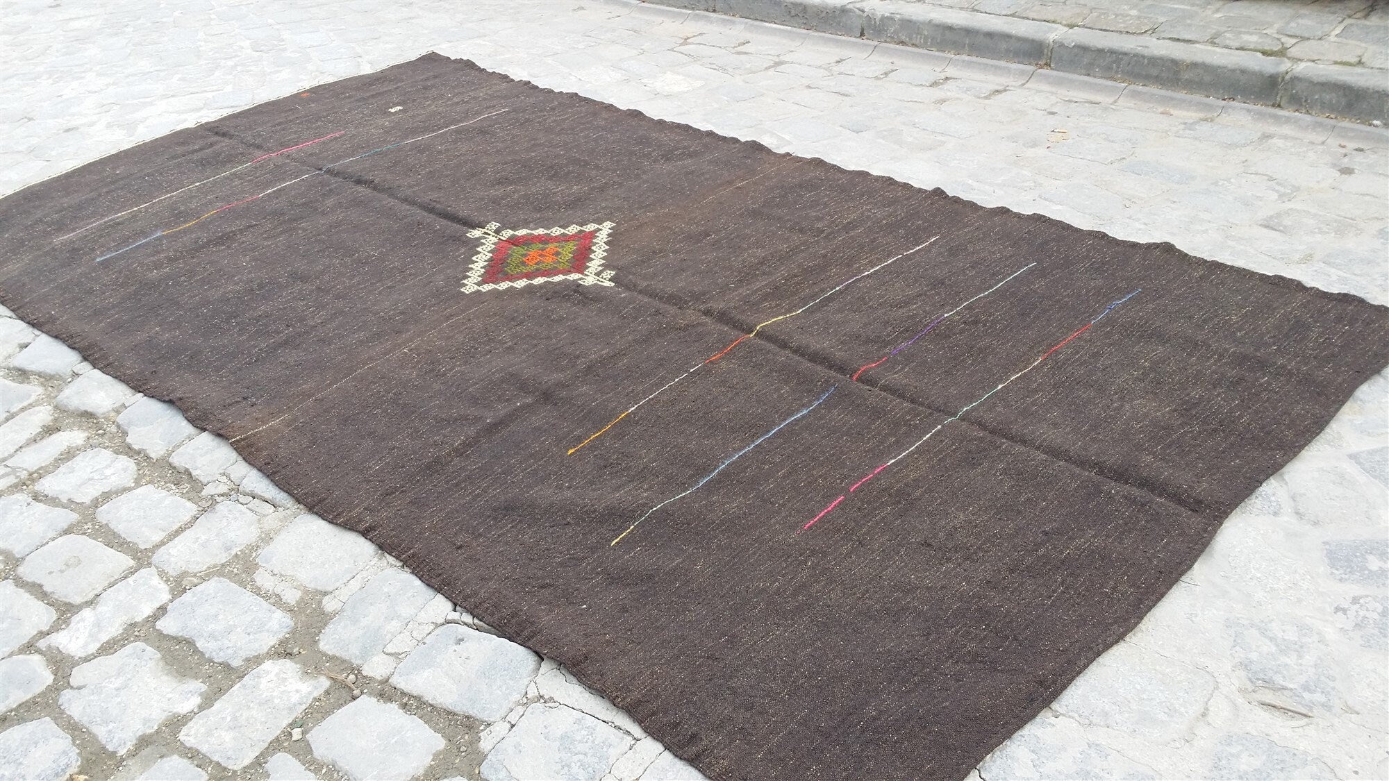 Konya Turkish Kilim Rug ,10 x 5 ft Black Beige Cicim Embroidered Minimalist Goat Hair Kilim, Handmade Boho Rustic Persian Area Rug