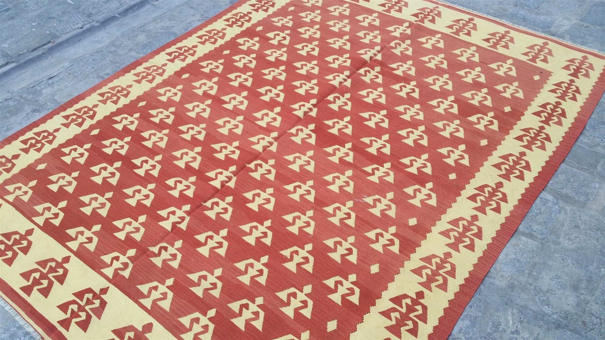 Konya Turkish Kilim Rug, 6 x 5 ft Tan Rust Beige Handmade Organic Wool Vintage Rug, Boho Rustic Anatolian Moroccan Carpet Persian Area Rug