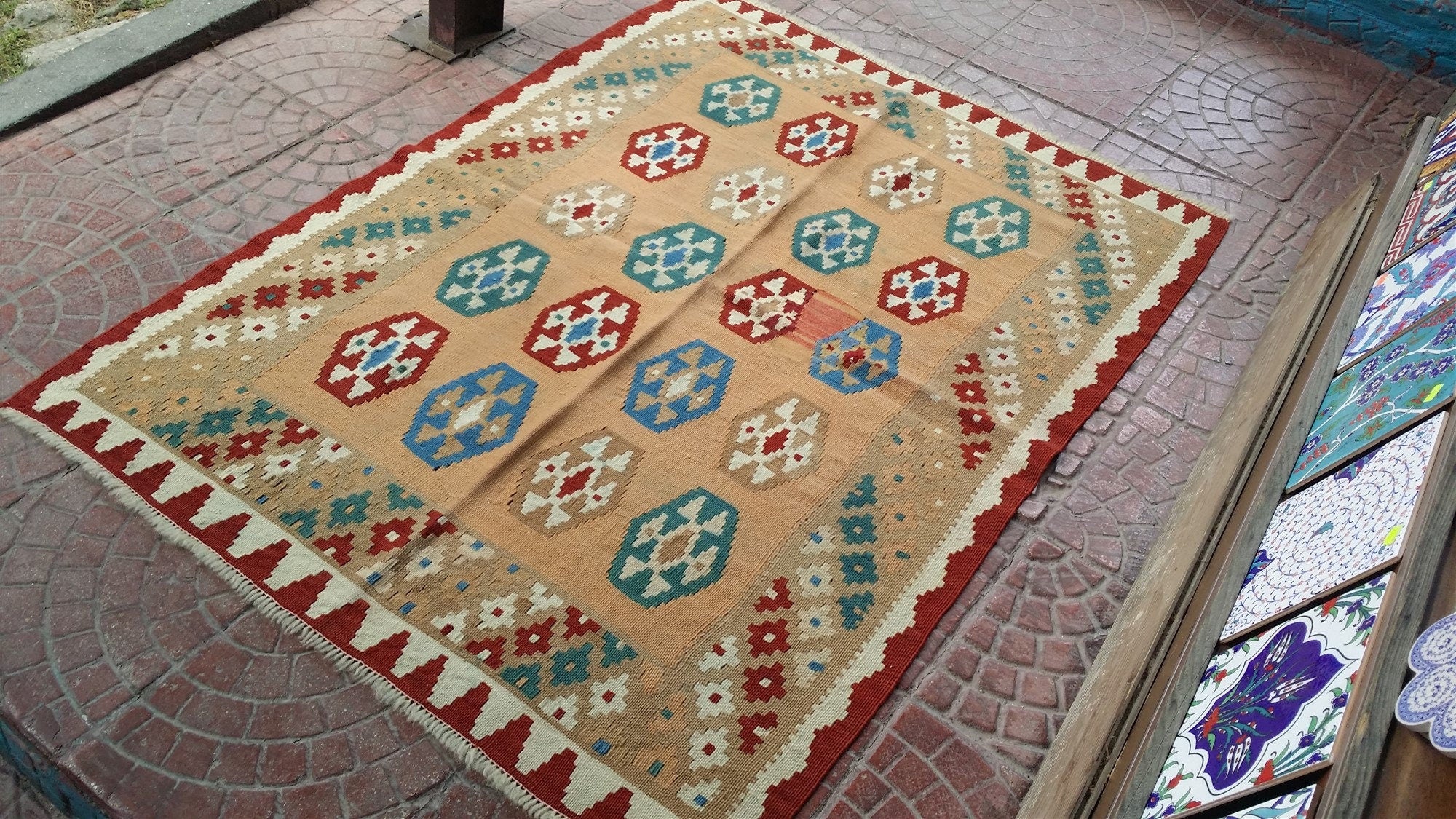 Turkish Kilim Rug, 4 x 3 ft Pink Green Red Handmade Anatolian Natural Wool Rug, Tribal Nomadic Rustic Decor Persian Area Rug
