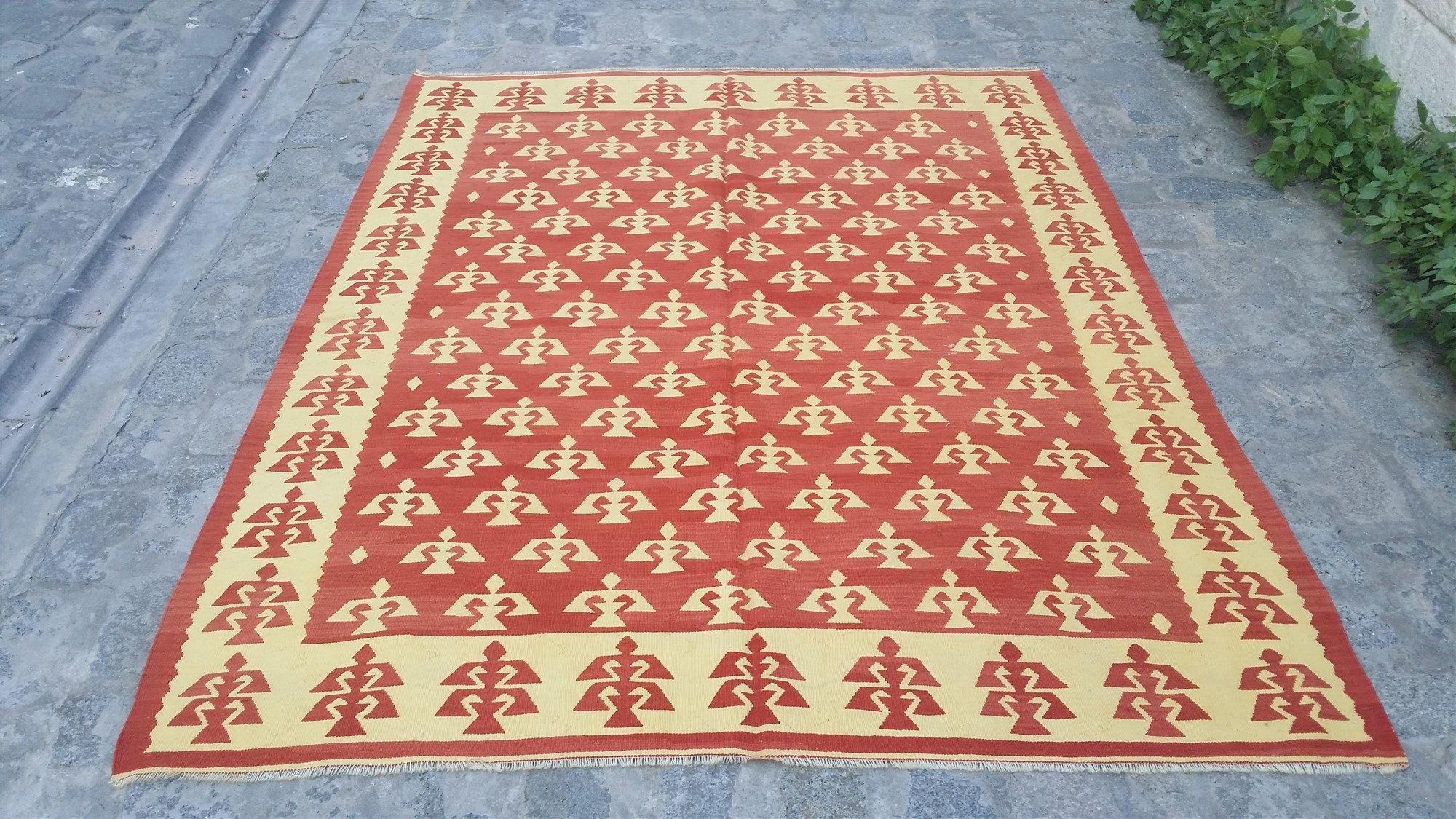 Konya Turkish Kilim Rug, 6 x 5 ft Tan Rust Beige Handmade Organic Wool Vintage Rug, Boho Rustic Anatolian Moroccan Carpet Persian Area Rug