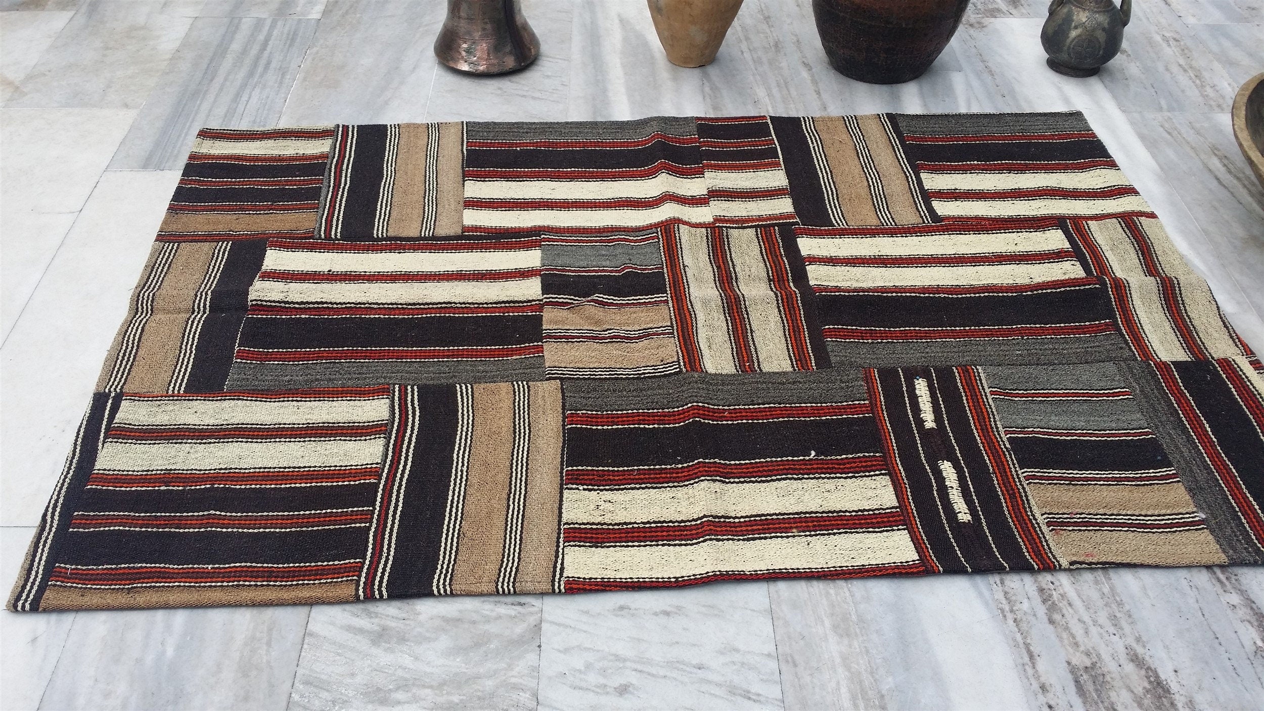 Patchwork Kilim Rug 6 ft x 3 ft 11 in, Black, Grey and White Kilim Rug