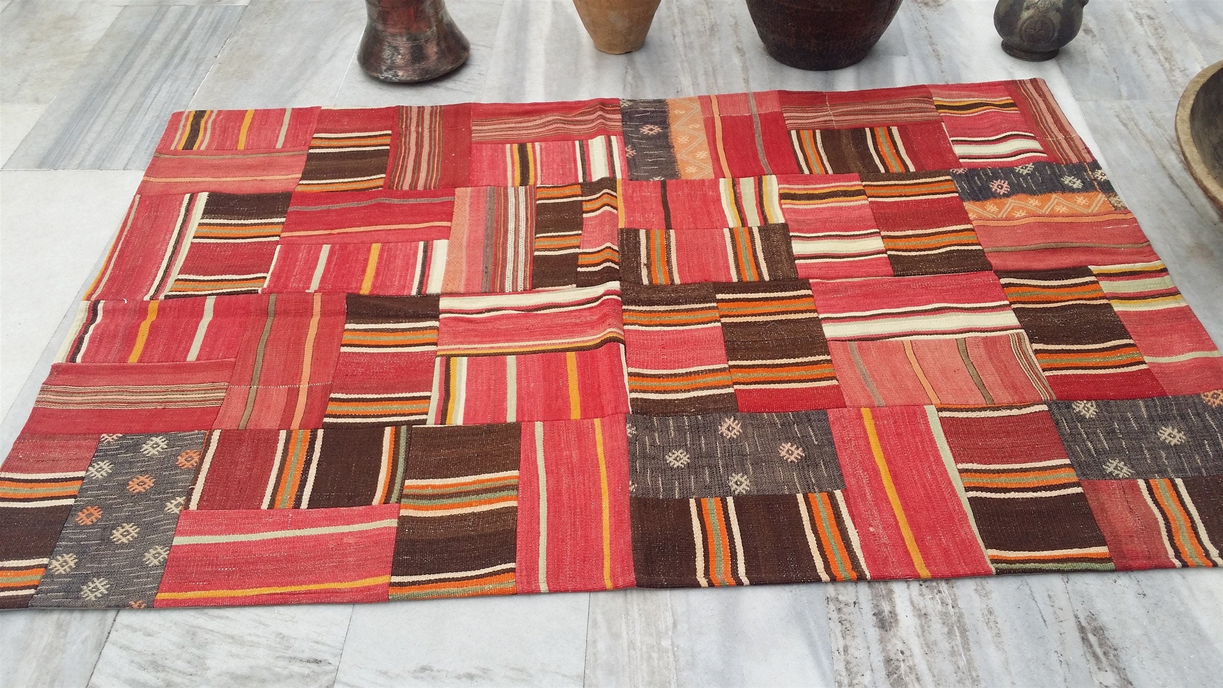 Patchwork Kilim Rug 5 x 2 ft Multicolor Boho Rustic Mosaic Turkish Rug for Entry Lounge or Kitchen, Handmade Wool Vintage Persian Floor Mat