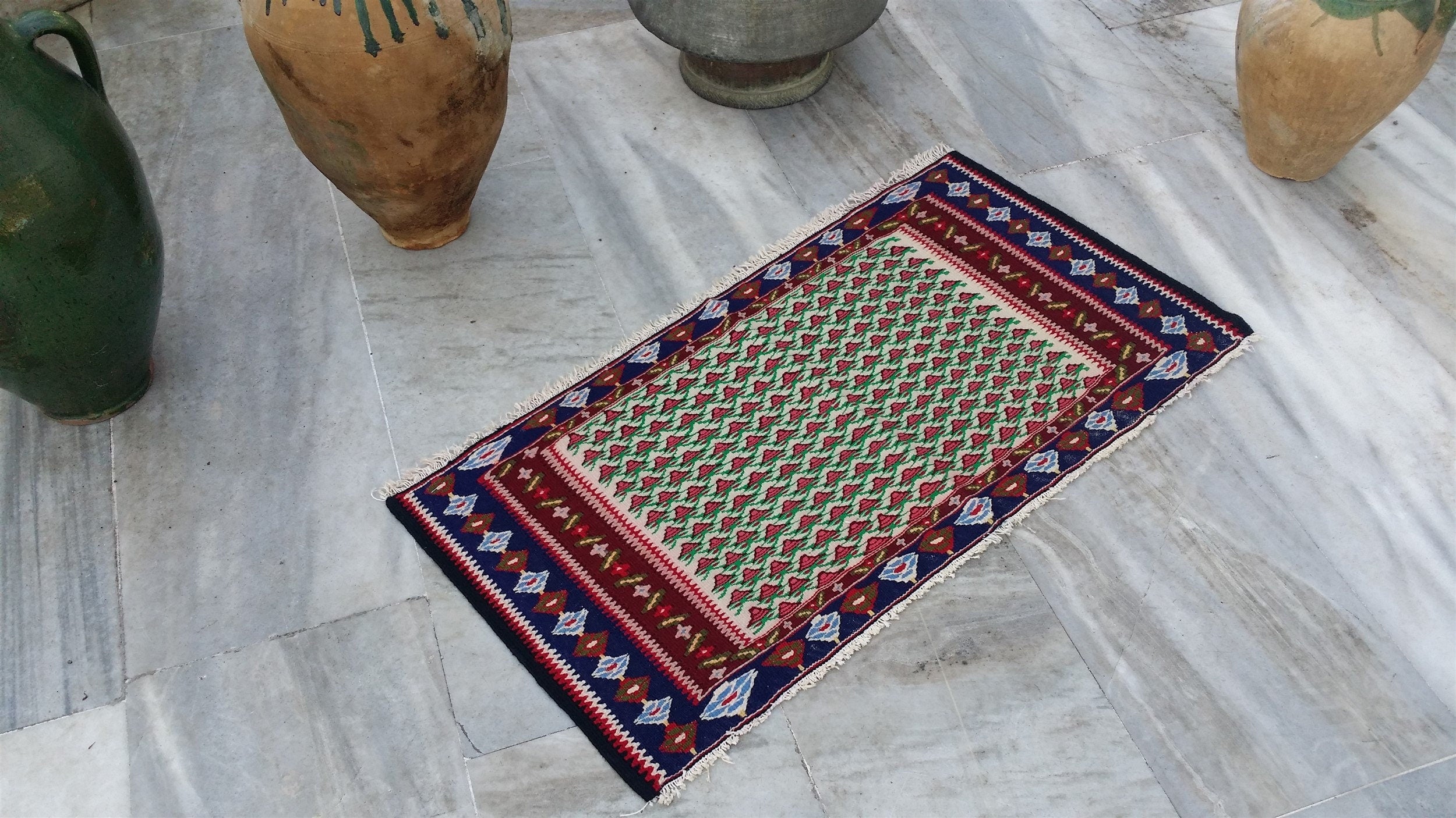 Persian Senneh Kilim Rug, 3 ft x 1 ft 7 in Colourful Fine Weave Small Sine Kilim