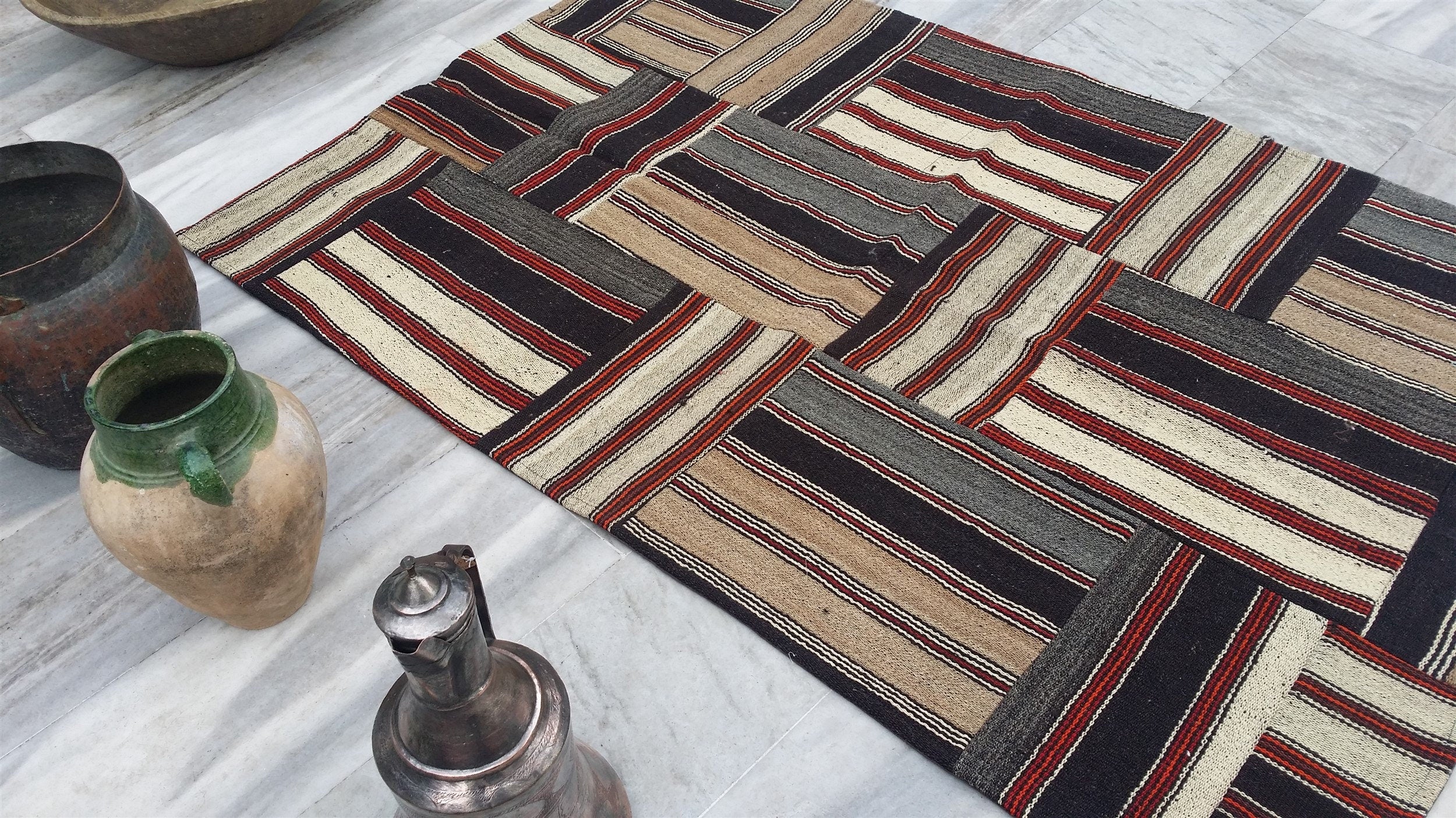 Patchwork Kilim Rug 5 ft 10 in x 3 ft 11 in Brown Grey and White Turkish Rug