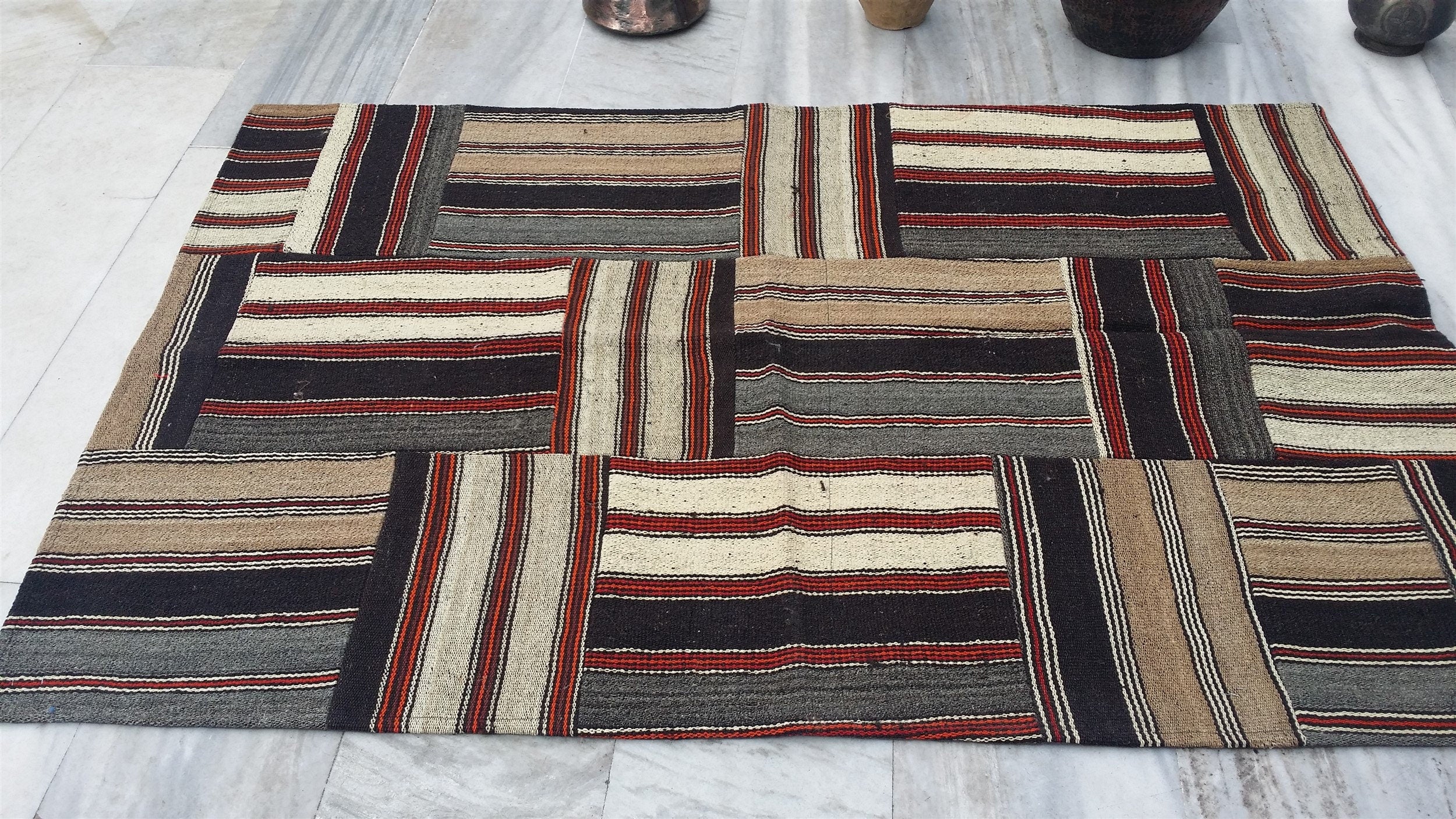 Patchwork Kilim Rug 5 ft 10 in x 3 ft 11 in Brown Grey and White Turkish Rug