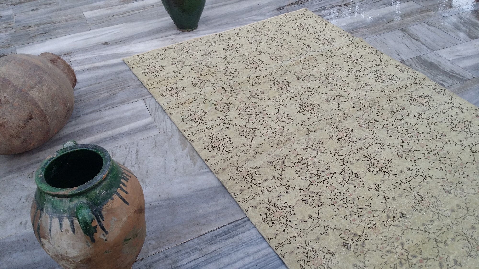 Pale Turkish Rug, Distressed Oushak Rug 7'1"x4'2"