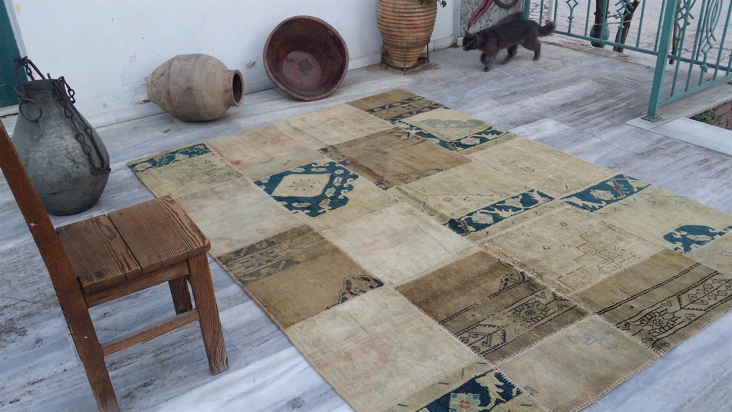 Patchwork Turkish Rug, 7 ft 11 in x 5 ft 9 in Beige and Blue Rustic Decor Living Room Rug