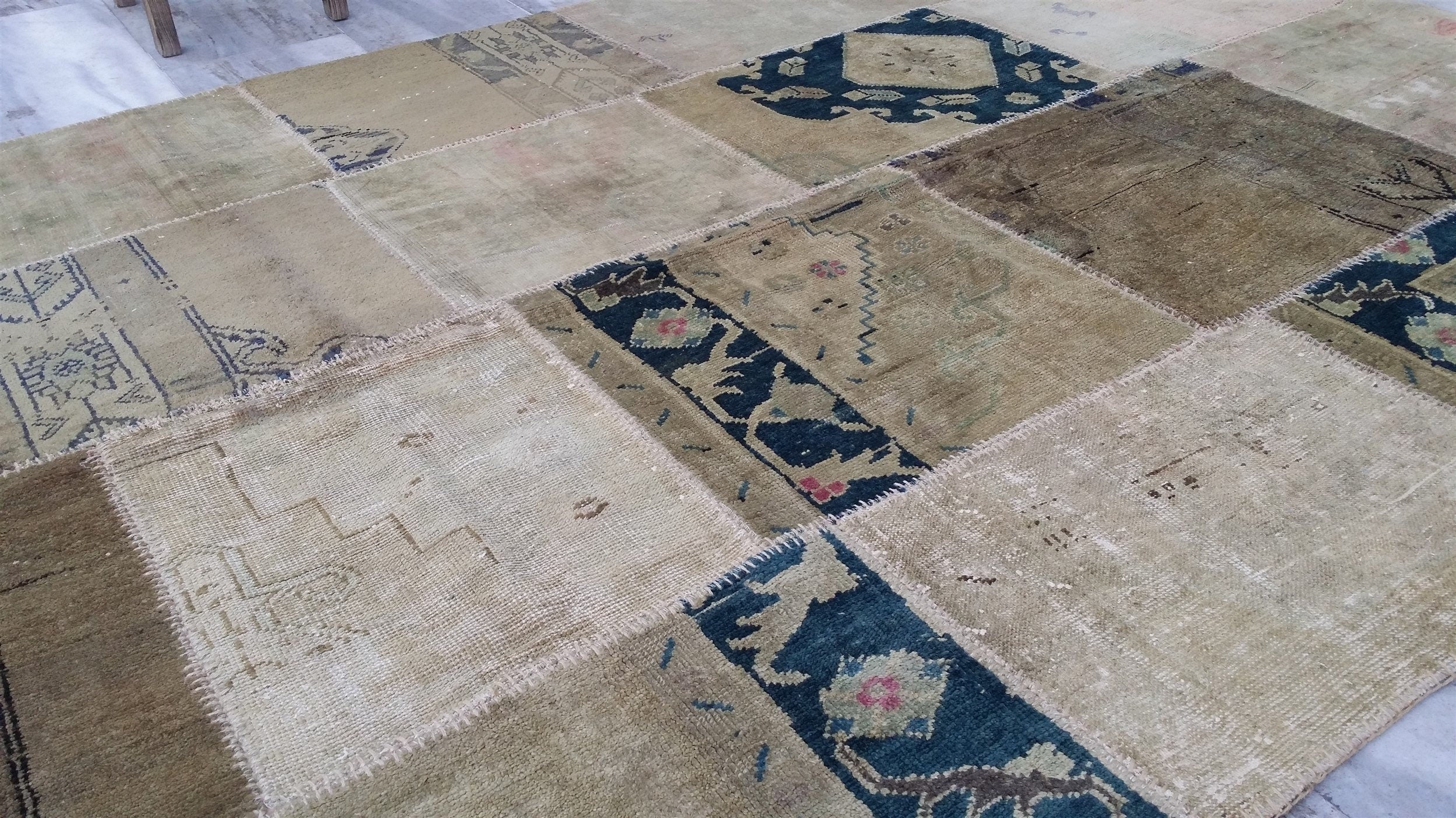 Patchwork Turkish Rug, 7 ft 11 in x 5 ft 9 in Beige and Blue Rustic Decor Living Room Rug