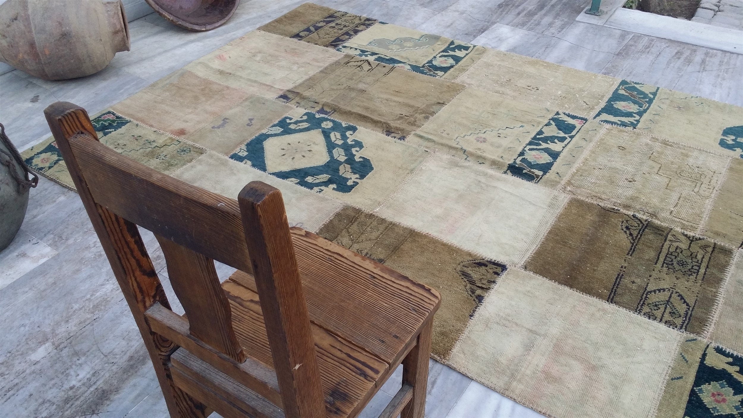 Patchwork Turkish Rug, 7 ft 11 in x 5 ft 9 in Beige and Blue Rustic Decor Living Room Rug