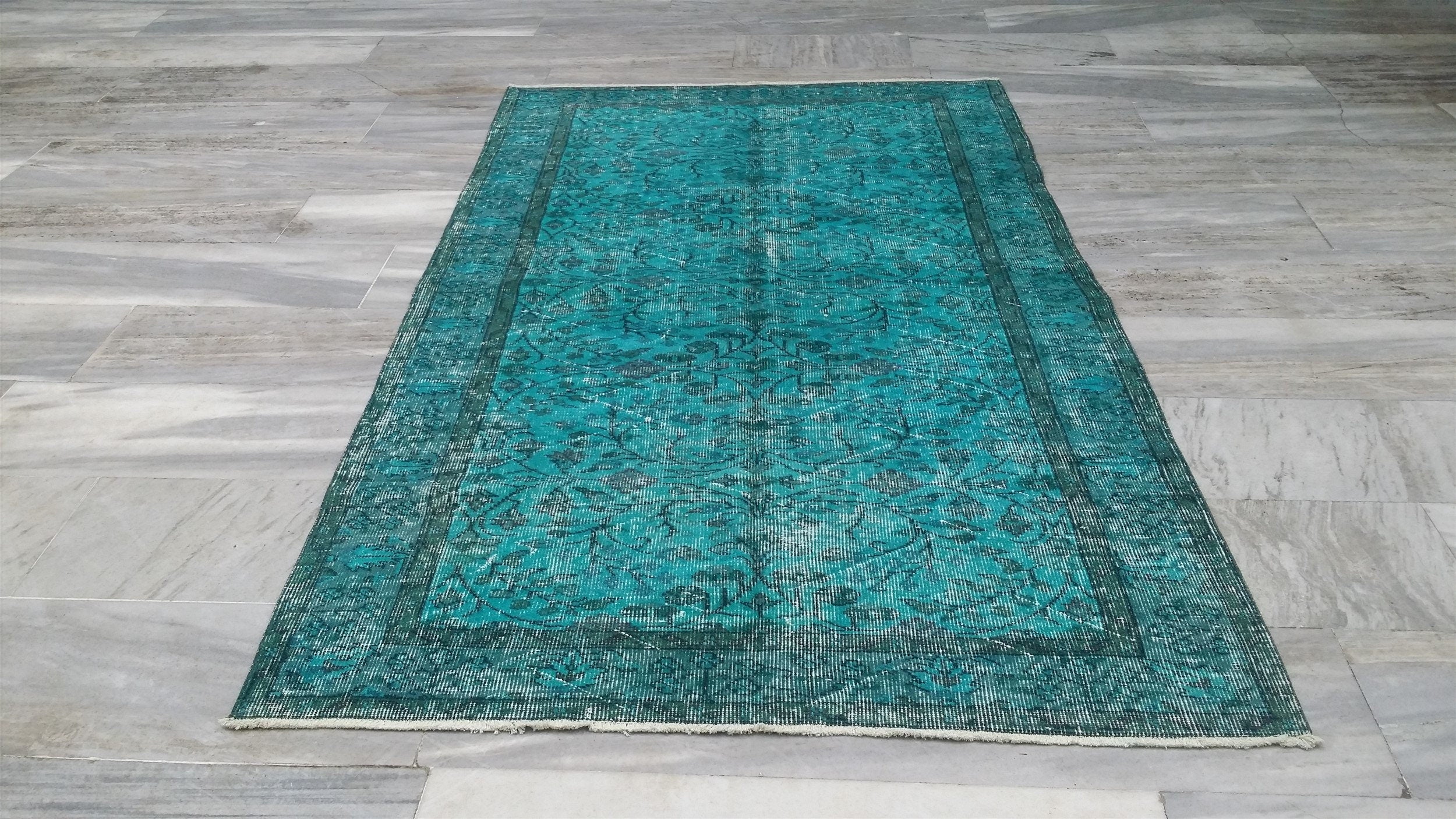 Overdyed Vintage Rug, Turquoise Blue Recycled Rug, Handmade Wool Bohemian Oriental Design Distressed Rug, Persian Area Rug 8'0"x4'6"