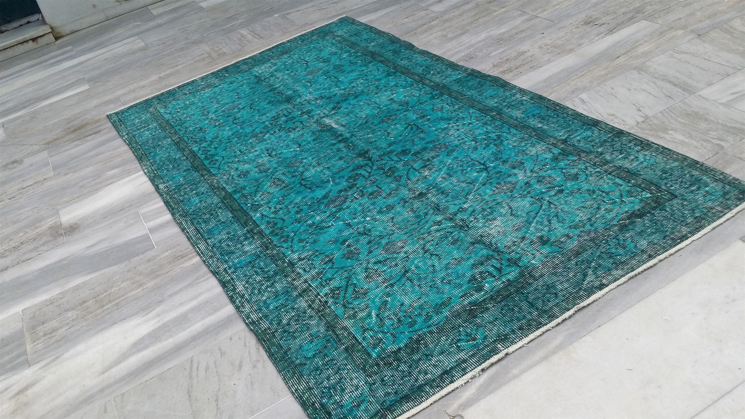 Overdyed Vintage Rug, Turquoise Blue Recycled Rug, Handmade Wool Bohemian Oriental Design Distressed Rug, Persian Area Rug 8'0"x4'6"