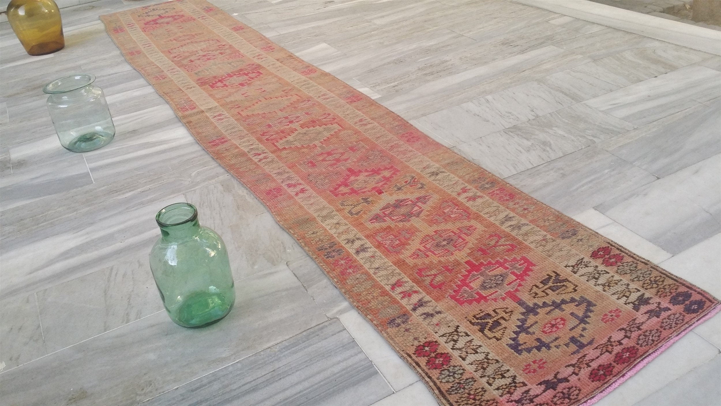 Pale Turkish Oushak Hallway Runner Rug, Bohemian Rustic Decor Distressed Muted Color Rug, Handmade Natural Wool Persian Area Rug 13’8”*2’5”