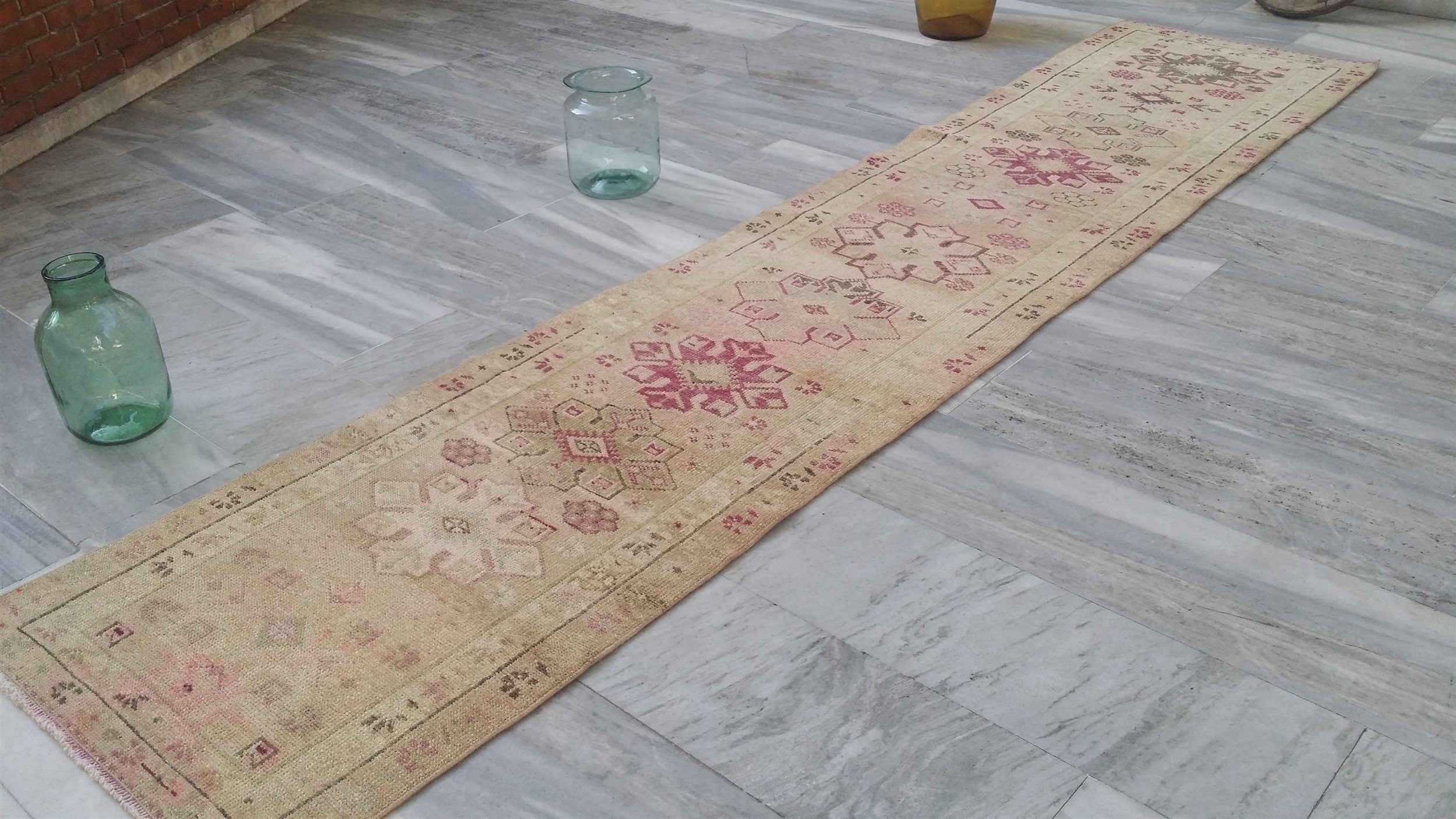 Pale Turkish Oushak Hallway Runner Rug, Bohemian Rustic Decor Distressed Muted Color Rug, Handmade Natural Wool Persian Area Rug 12’2”*2’6”