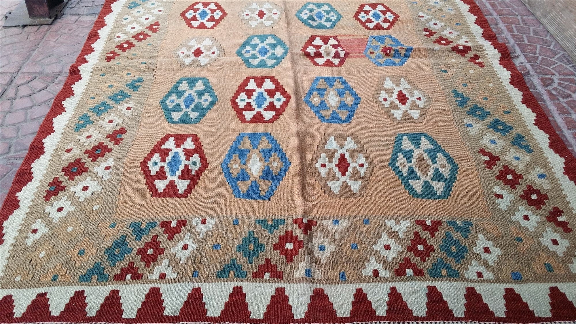 Turkish Kilim Rug, 4 x 3 ft Pink Green Red Handmade Anatolian Natural Wool Rug, Tribal Nomadic Rustic Decor Persian Area Rug