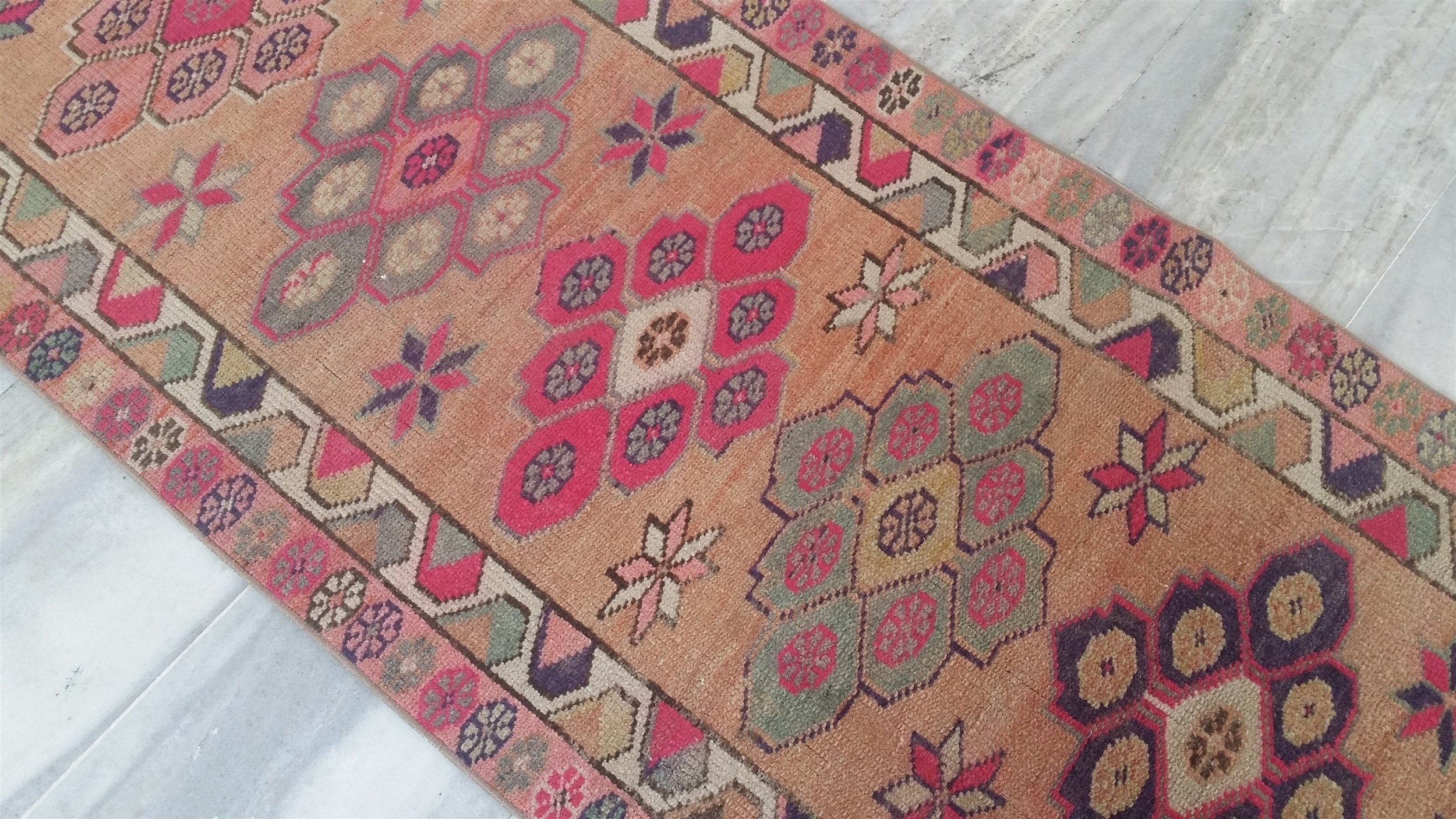 Pink Green Orrange Runner, Handspun Wool Hallway Runner Rug, Distressed Muted Pale Rug, Boho Rustic Home Decor Persian Area Rug 13'5"x2'6"