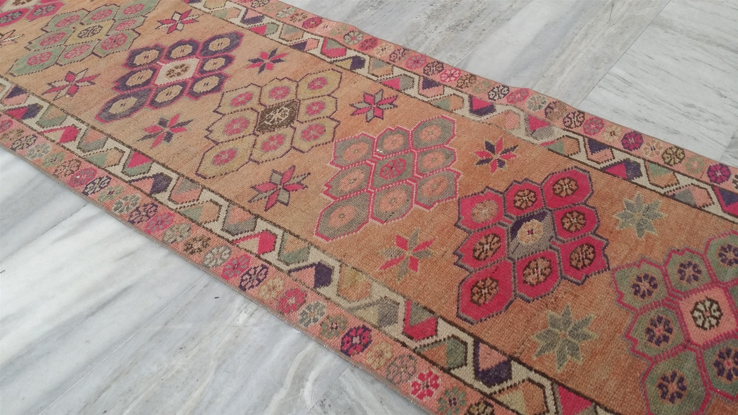 Pink Green Orrange Runner, Handspun Wool Hallway Runner Rug, Distressed Muted Pale Rug, Boho Rustic Home Decor Persian Area Rug 13'5"x2'6"