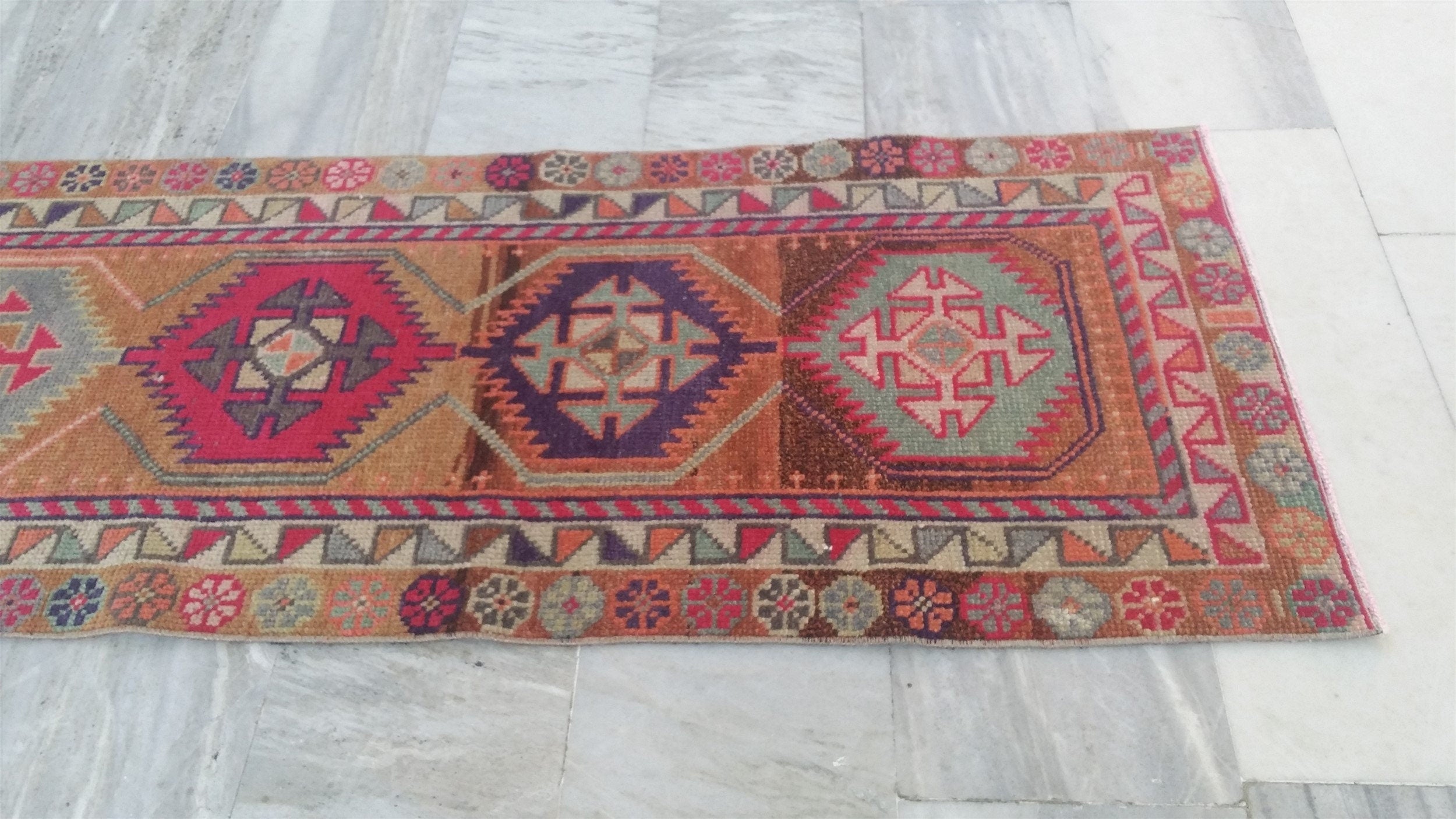 Pale Turkish Oushak Hallway Runner Rug, Bohemian Rustic Decor Distressed Muted Color Rug, Handmade Natural Wool Persian Area Rug 11’2”*2’4”