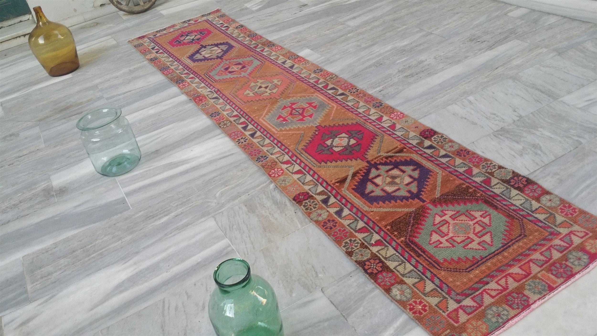 Pale Turkish Oushak Hallway Runner Rug, Bohemian Rustic Decor Distressed Muted Color Rug, Handmade Natural Wool Persian Area Rug 11’2”*2’4”