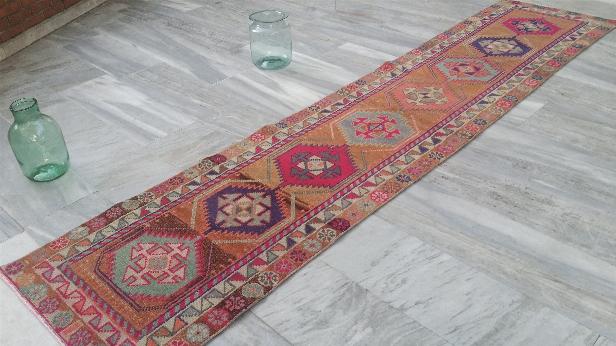 Pale Turkish Oushak Hallway Runner Rug, Bohemian Rustic Decor Distressed Muted Color Rug, Handmade Natural Wool Persian Area Rug 11’2”*2’4”