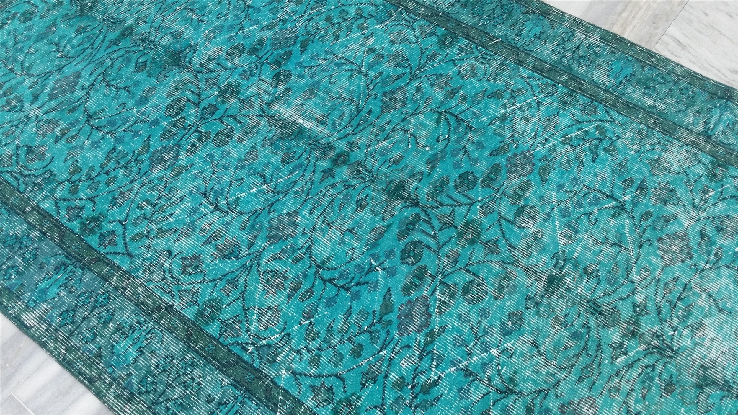 Overdyed Vintage Rug, Turquoise Blue Recycled Rug, Handmade Wool Bohemian Oriental Design Distressed Rug, Persian Area Rug 8'0"x4'6"