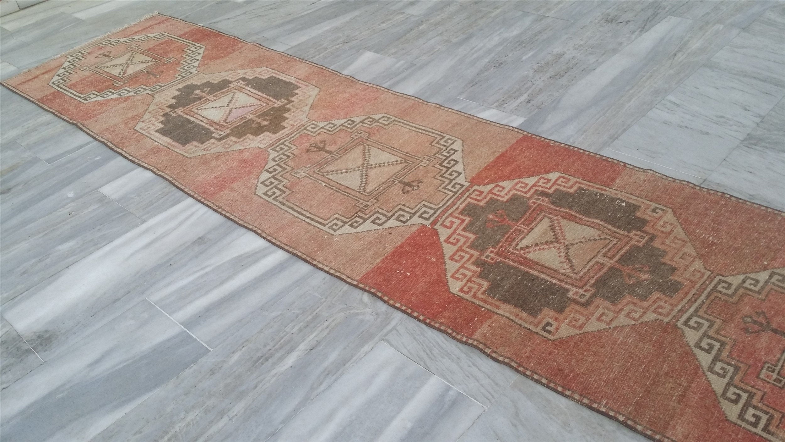 Pale Turkish Oushak Hallway Runner Rug, Bohemian Rustic Decor Distressed Muted Color Rug, Handmade Natural Wool Persian Area Rug 11’3”*2’8”