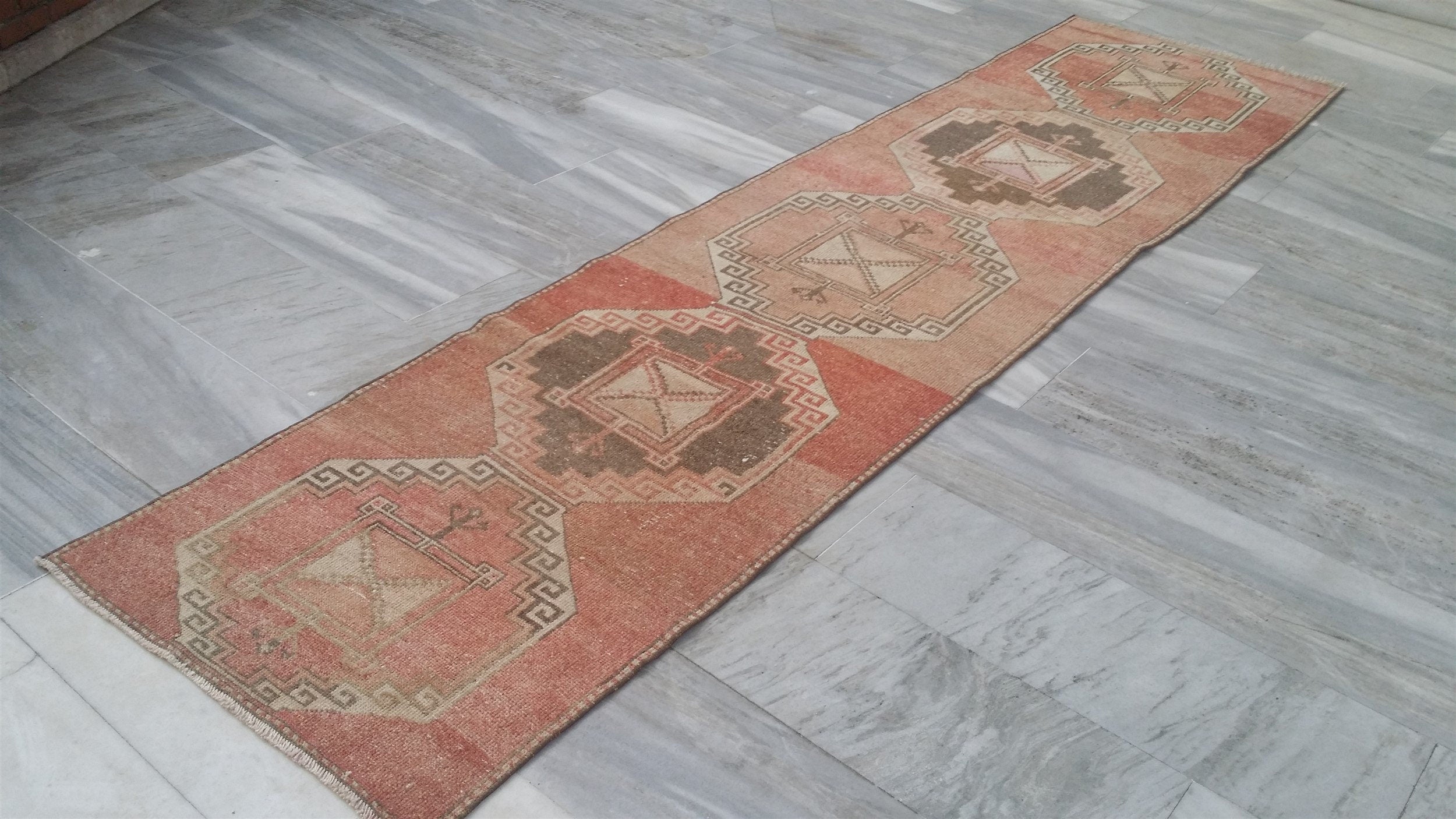 Pale Turkish Oushak Hallway Runner Rug, Bohemian Rustic Decor Distressed Muted Color Rug, Handmade Natural Wool Persian Area Rug 11’3”*2’8”