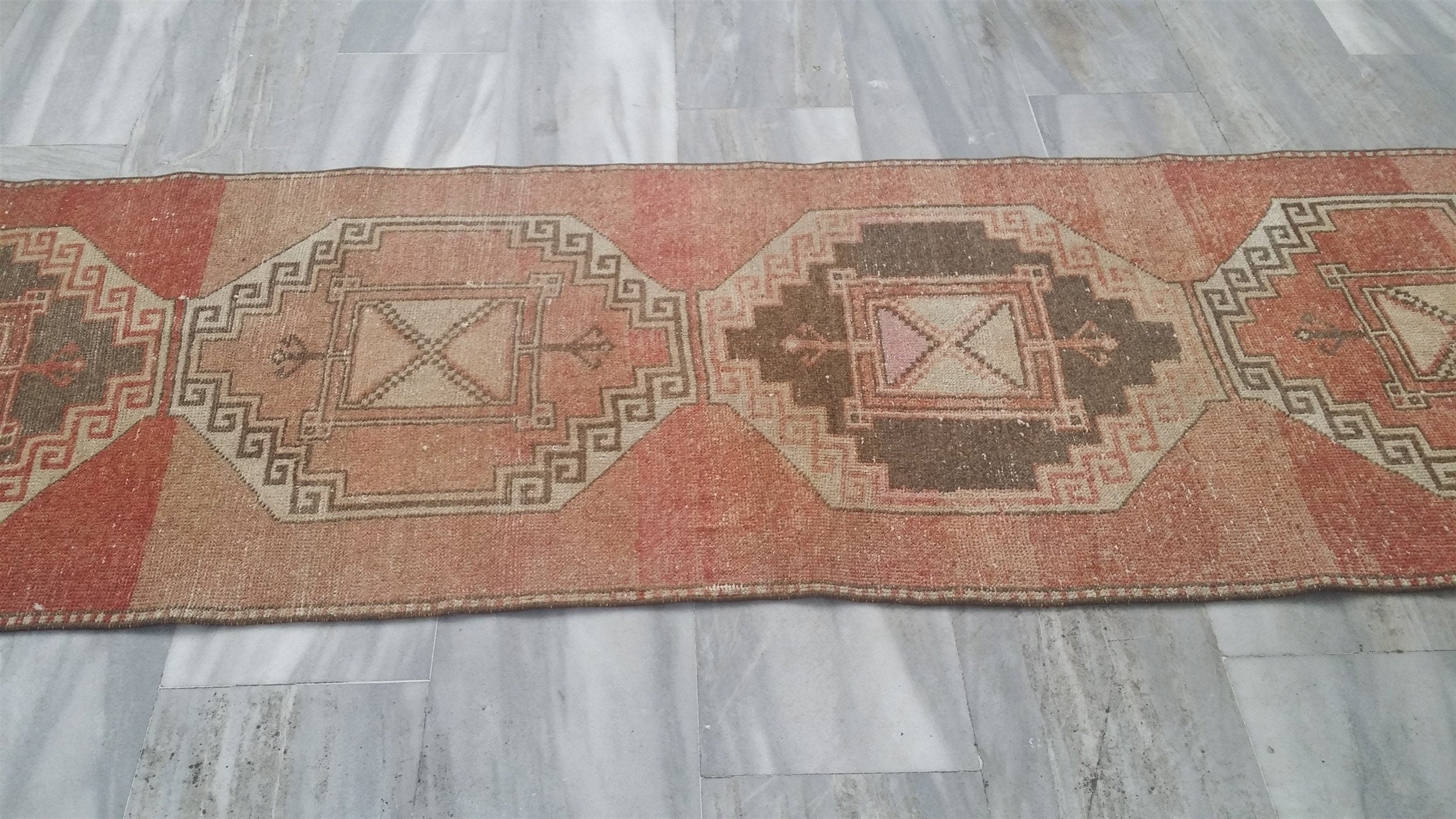 Pale Turkish Oushak Hallway Runner Rug, Bohemian Rustic Decor Distressed Muted Color Rug, Handmade Natural Wool Persian Area Rug 11’3”*2’8”