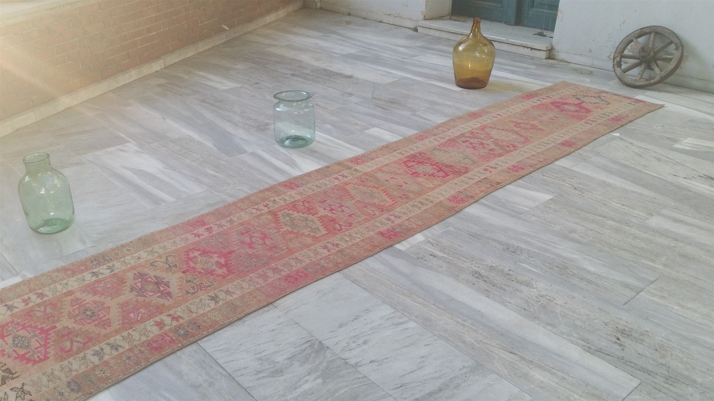 Pale Turkish Oushak Hallway Runner Rug, Bohemian Rustic Decor Distressed Muted Color Rug, Handmade Natural Wool Persian Area Rug 13’8”*2’5”
