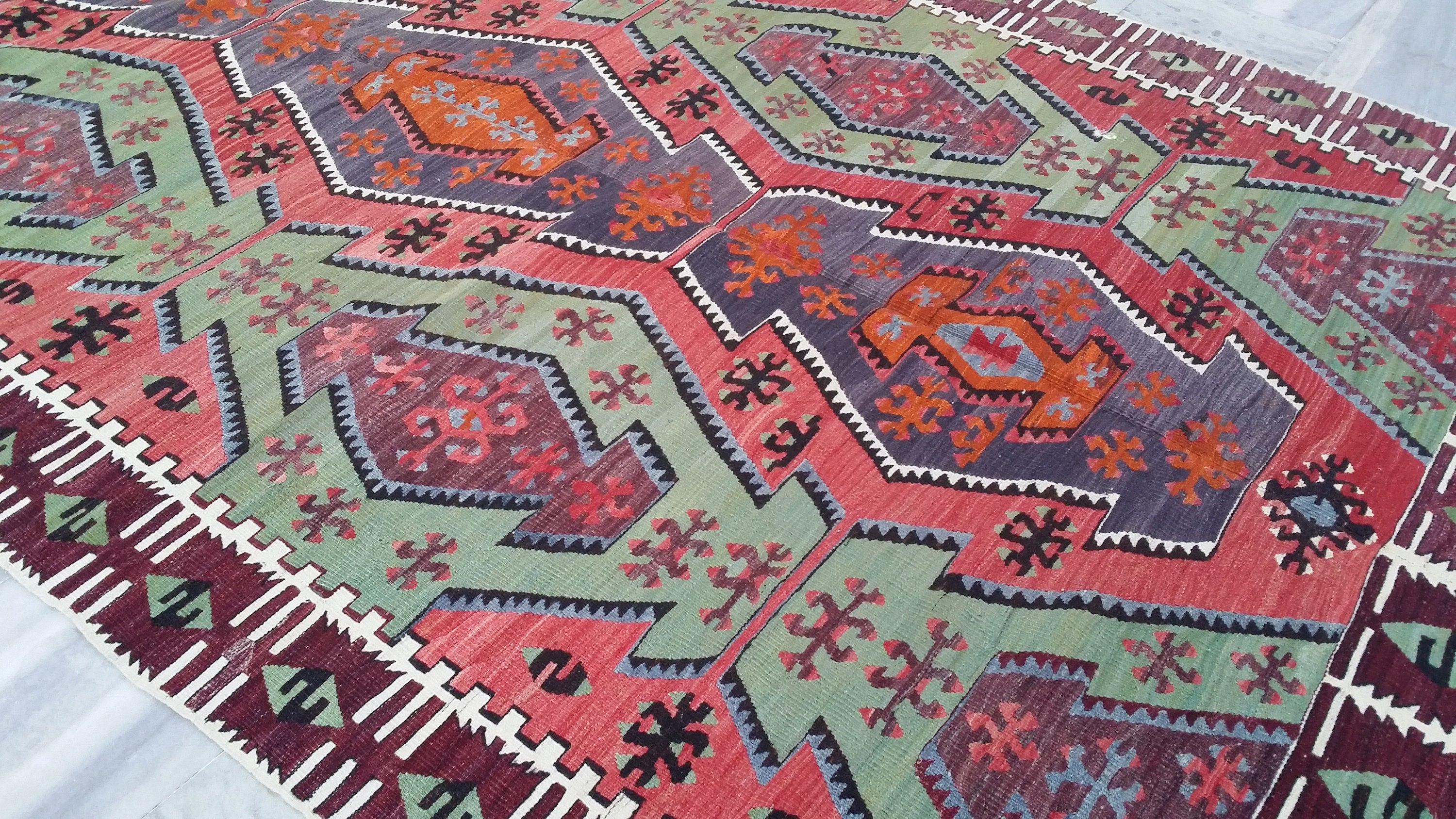 Rust Red and Green Turkish Kilim Floor Rug 12 x 5 ft Long Hallway or Narrow Lounge Boho Rustic Vintage Persian Area Rug