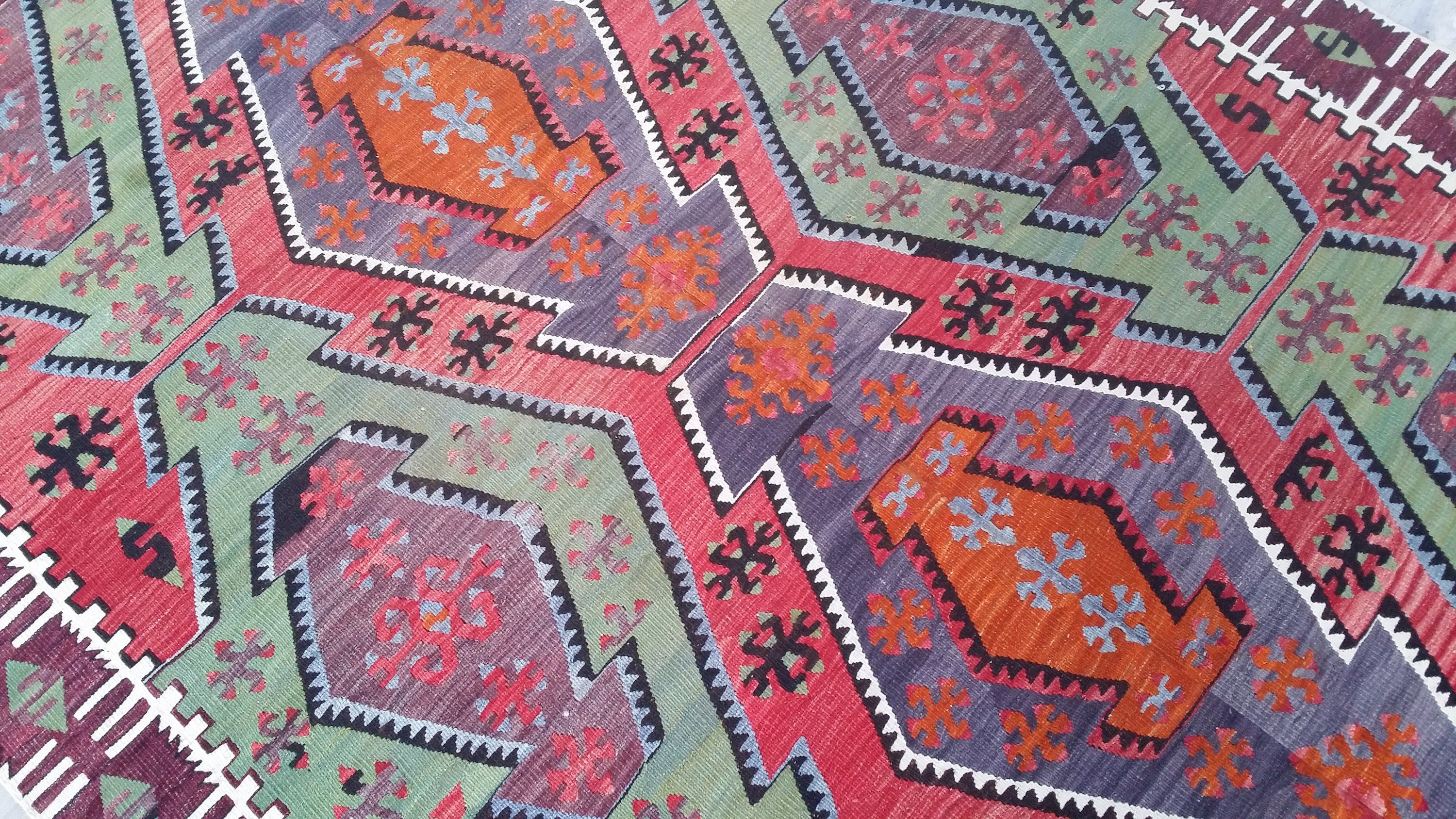Rust Red and Green Turkish Kilim Floor Rug 12 x 5 ft Long Hallway or Narrow Lounge Boho Rustic Vintage Persian Area Rug