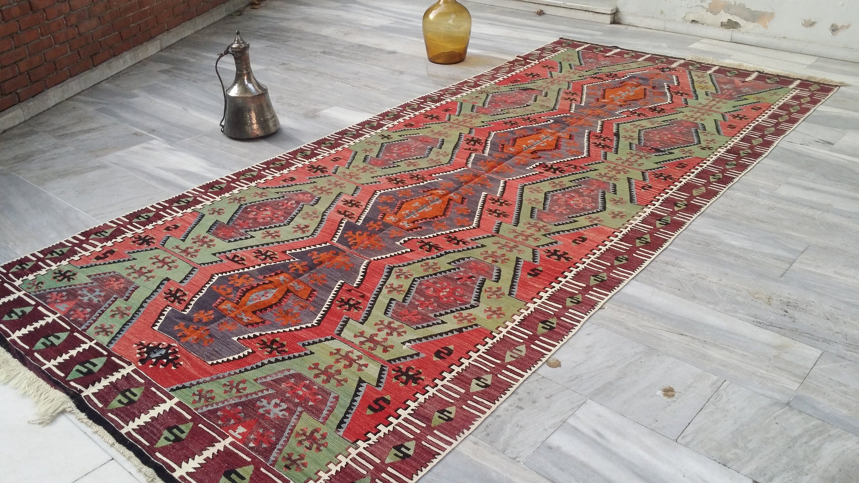 Rust Red and Green Turkish Kilim Floor Rug 12 x 5 ft Long Hallway or Narrow Lounge Boho Rustic Vintage Persian Area Rug