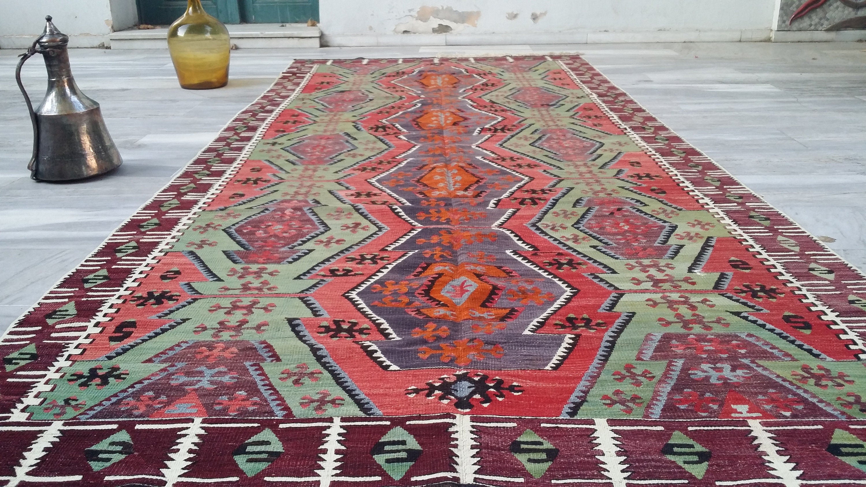 Rust Red and Green Turkish Kilim Floor Rug 12 x 5 ft Long Hallway or Narrow Lounge Boho Rustic Vintage Persian Area Rug