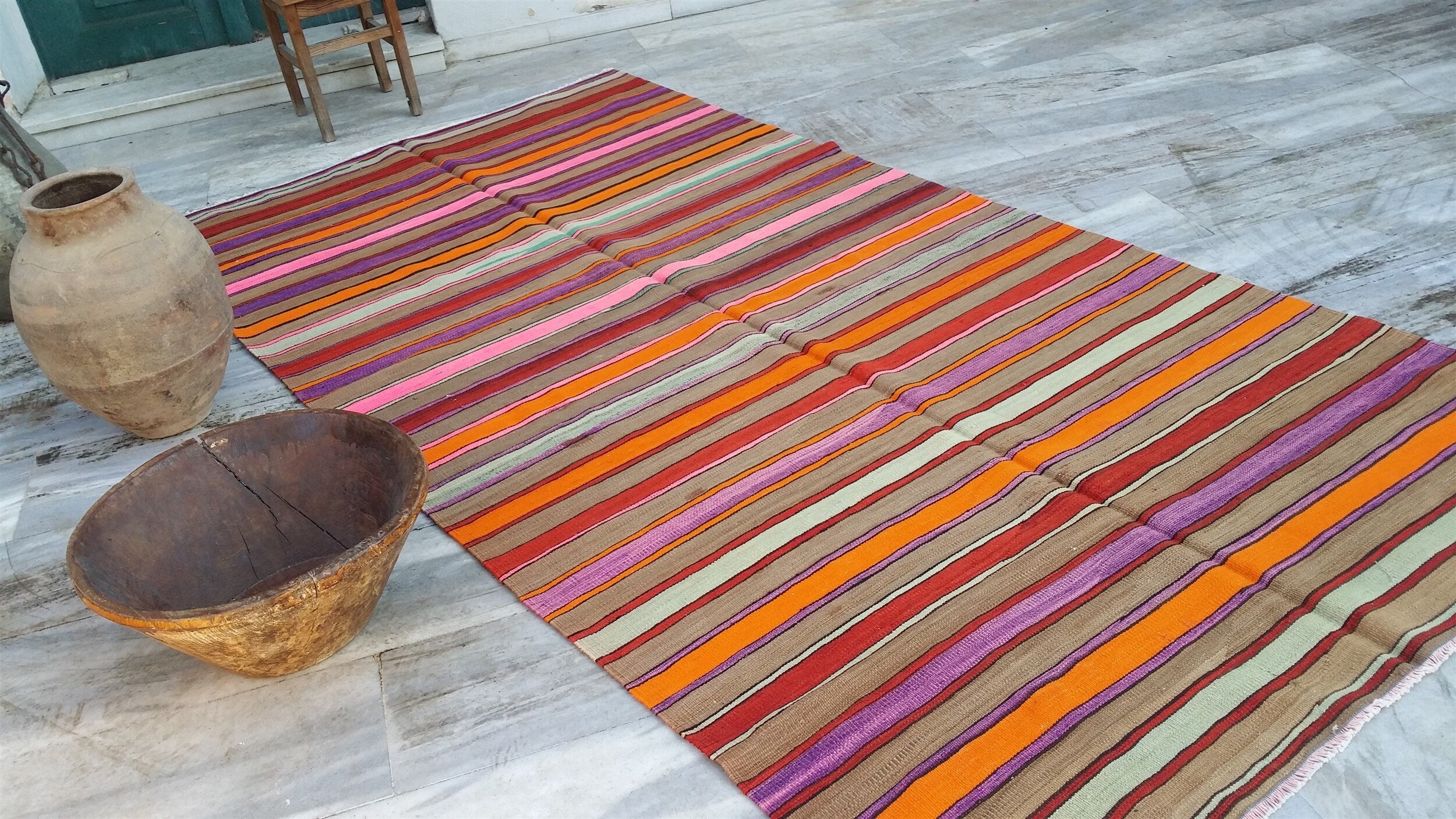 Tapis persan en laine naturelle fait main, marron, orange, violet, style tribal, nomade, bohème, rustique, marocain, berbère, abstrait, 10 x 5 pieds